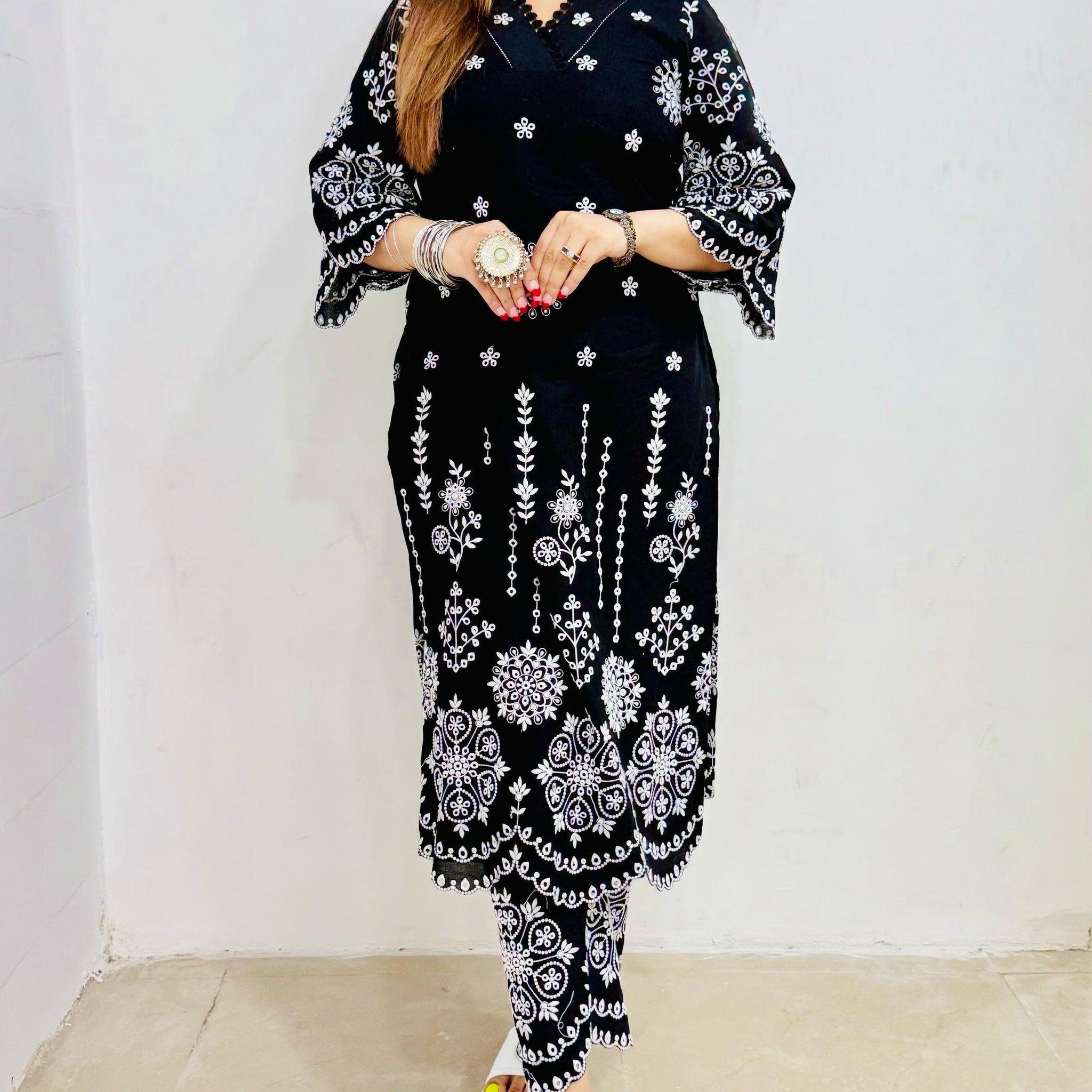 Black Embroidered Cotton Suit