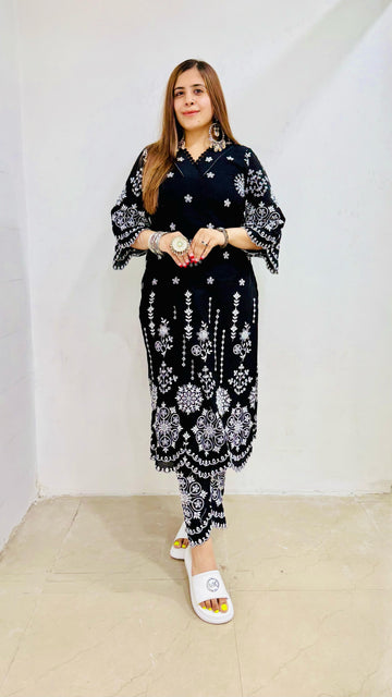 Black Embroidered Cotton Suit
