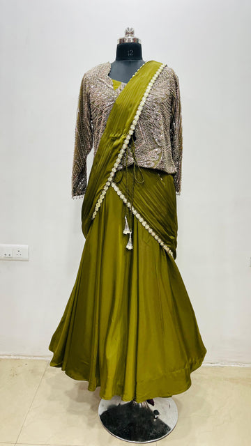 Olive Green Jacket Saree