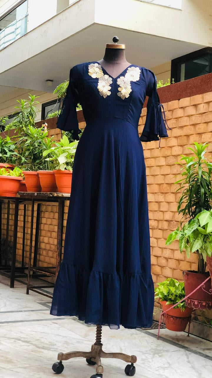 Navy Blue Flower Embroidered Maxi