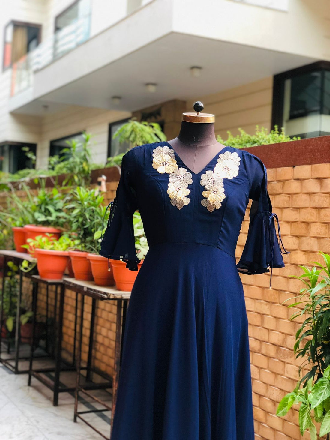 Navy Blue Flower Embroidered Maxi