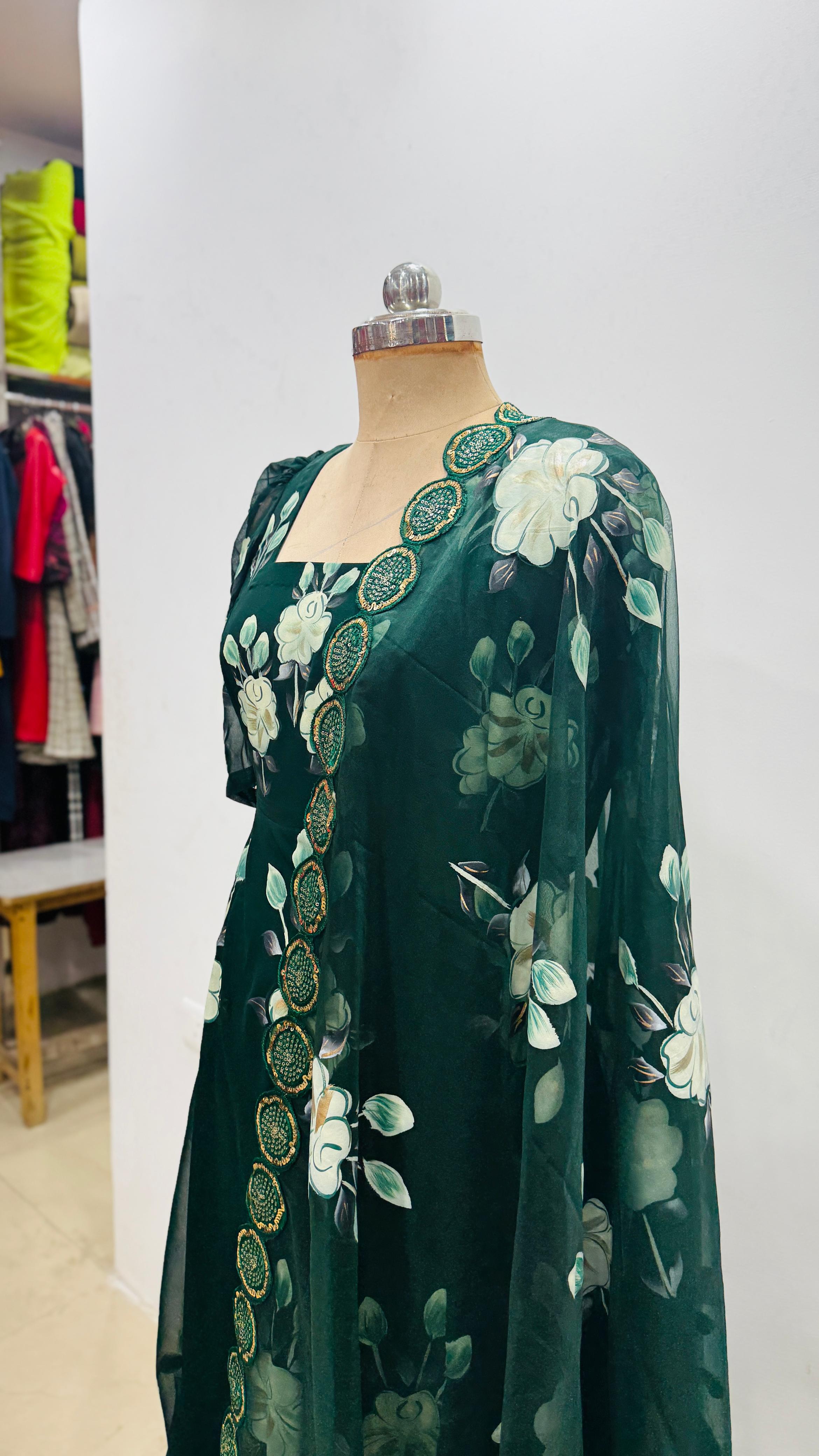 Green Handprinted Anarkali