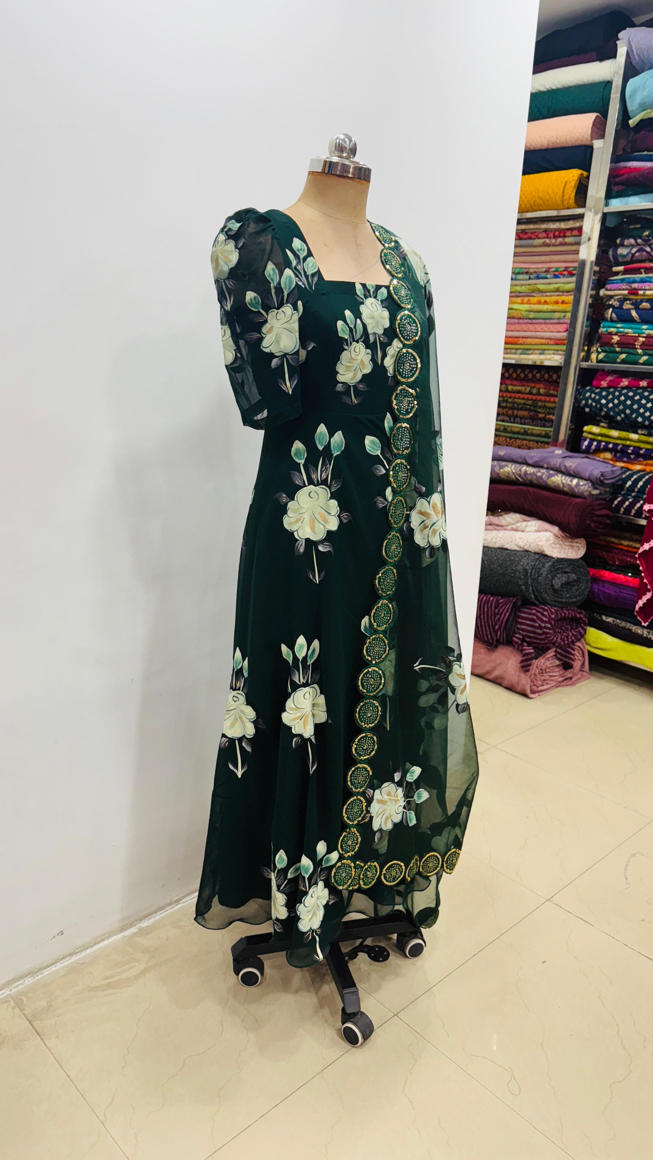 Green Handprinted Anarkali