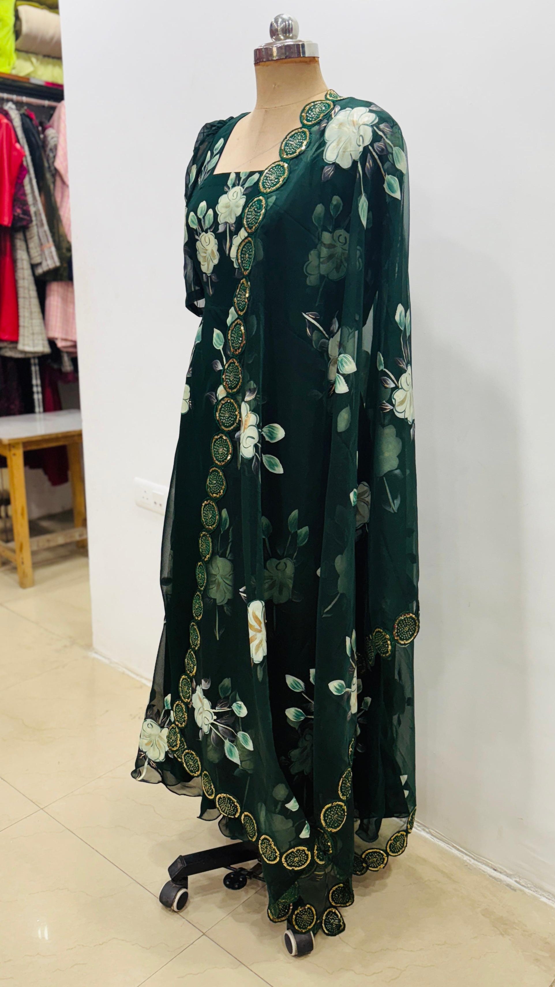 Green Handprinted Anarkali