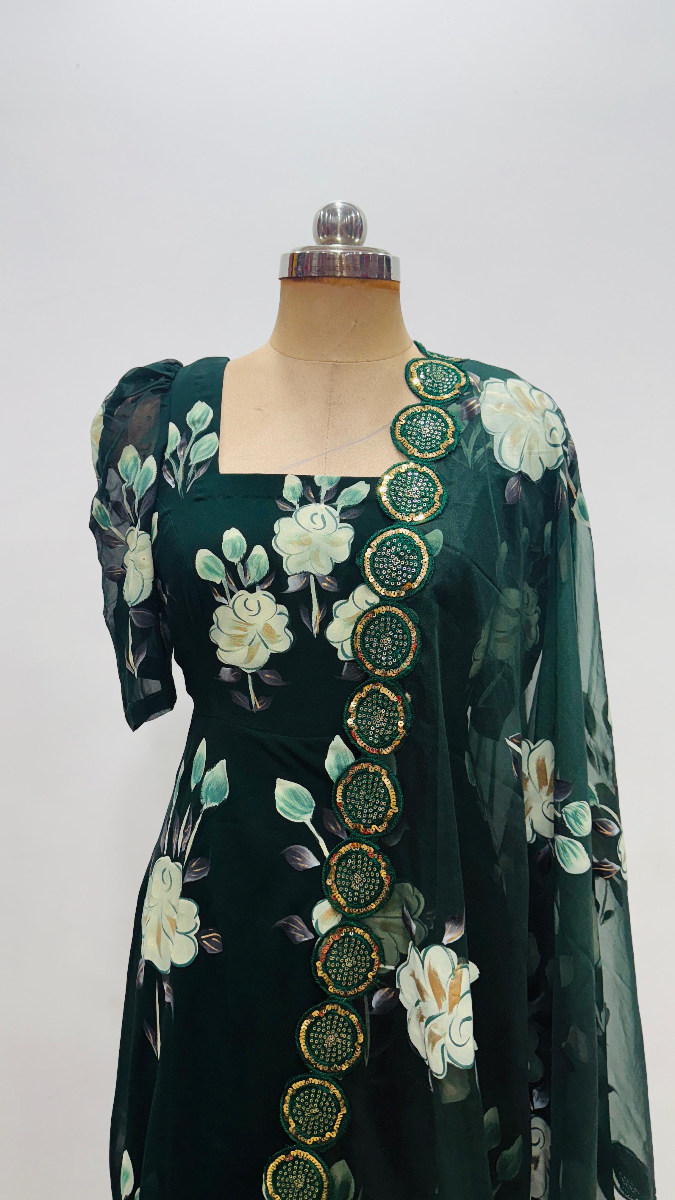 Green Handprinted Anarkali