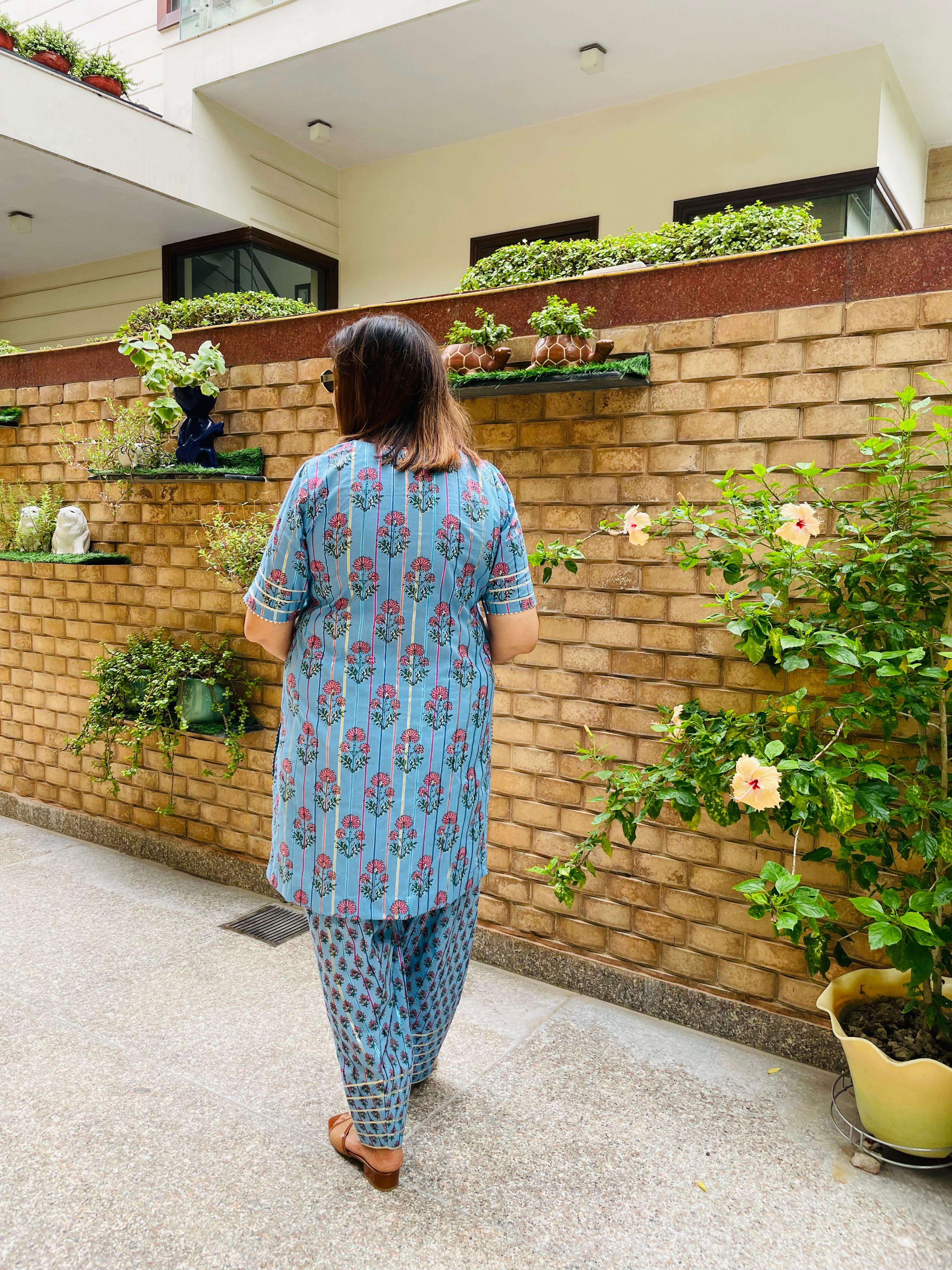 Blue Cotton Farshi Salwar Co-Ord