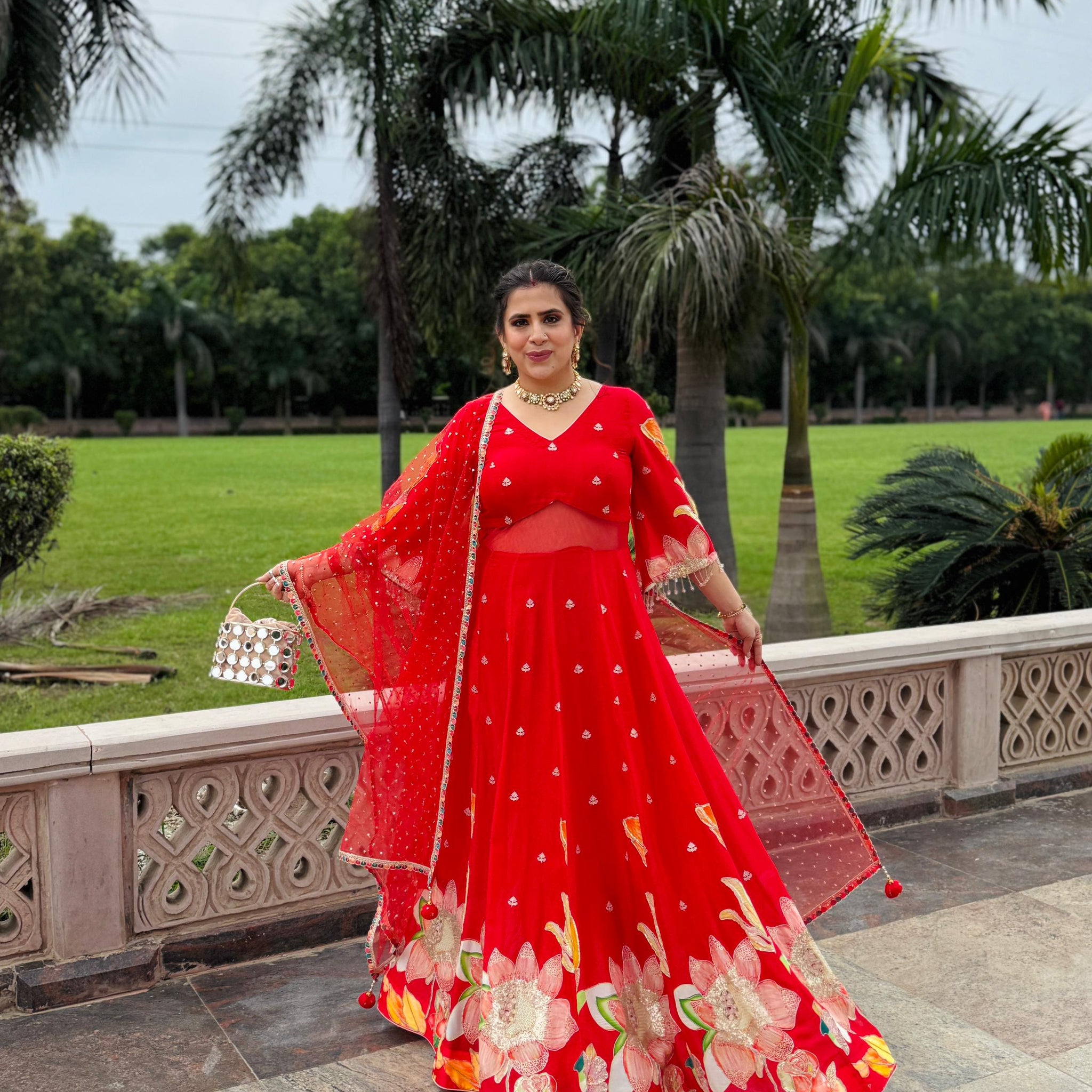 Red Art Work Anarkali