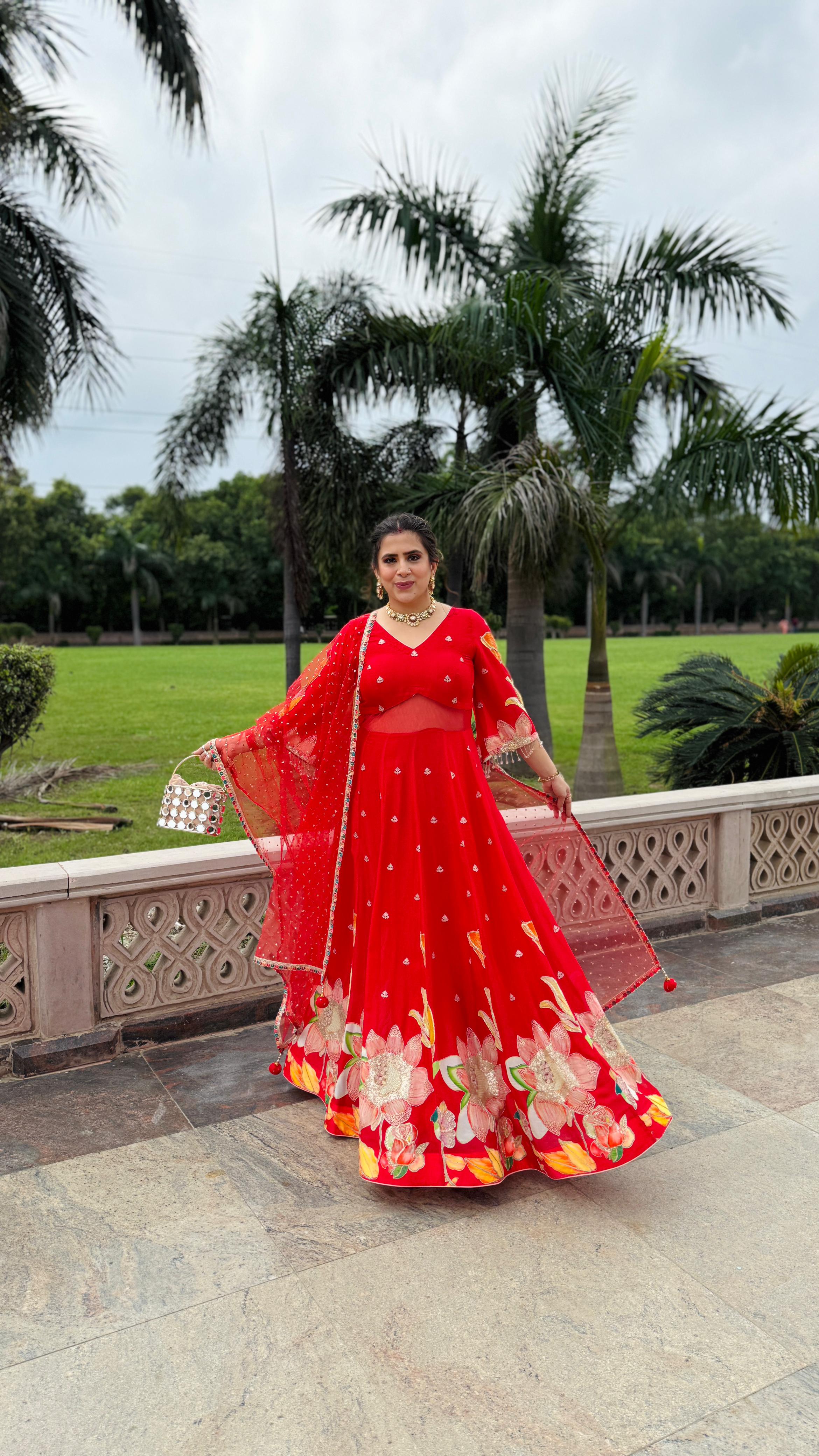 Red Art Work Anarkali