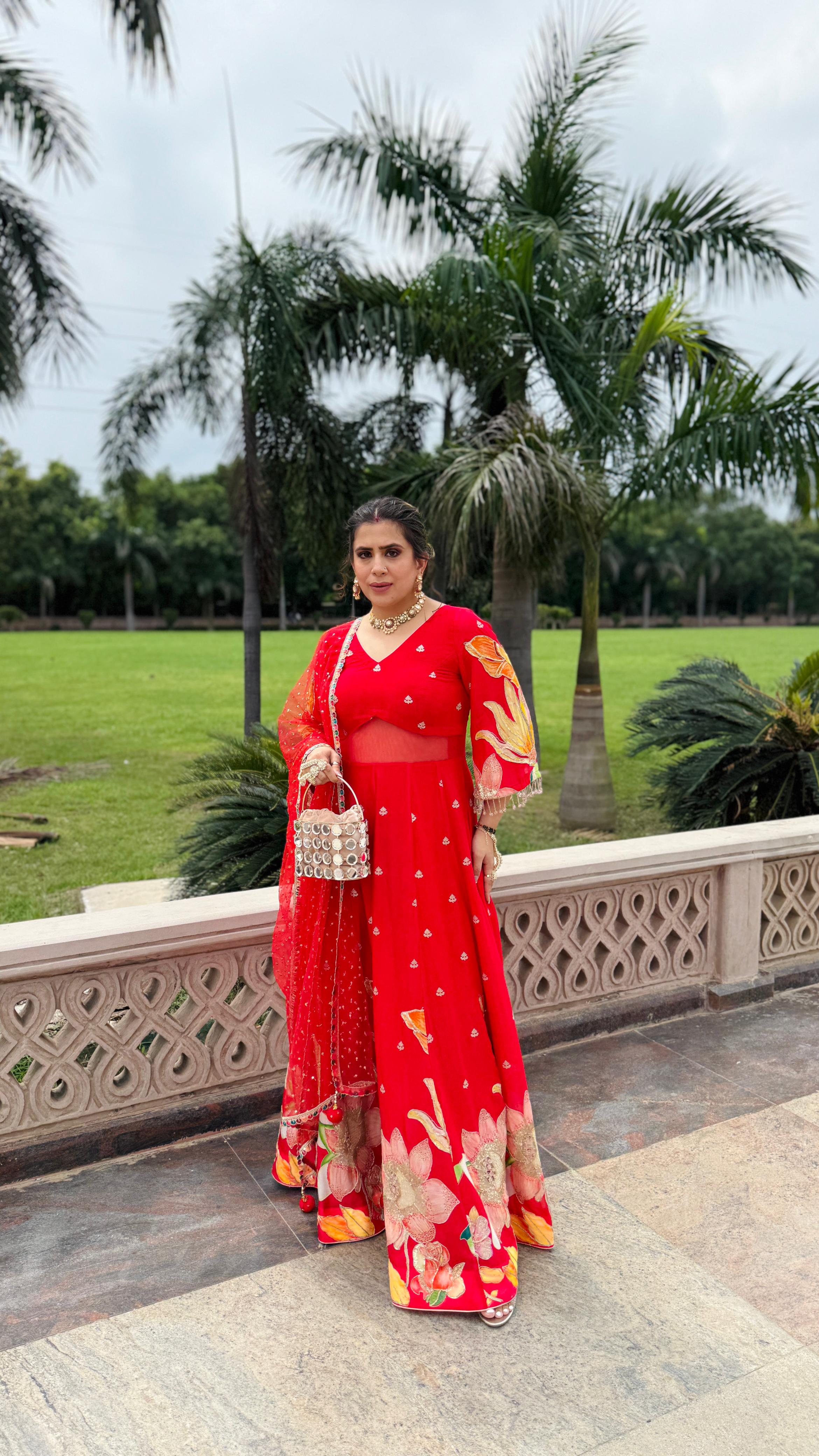 Red Art Work Anarkali