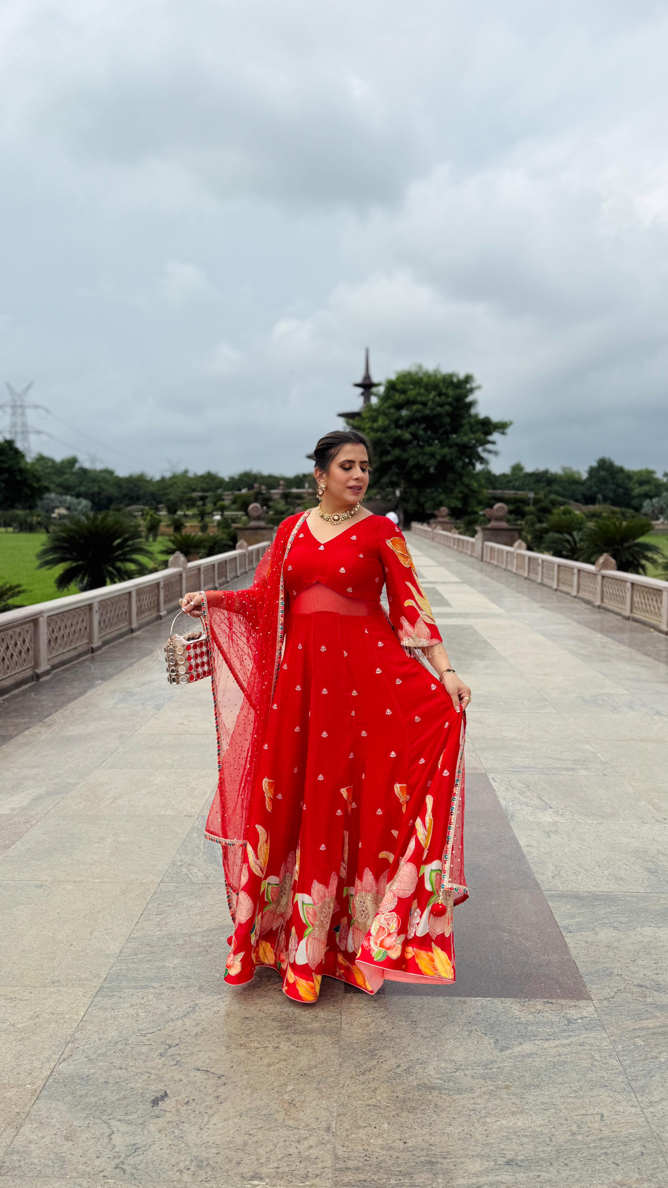 Red Art Work Anarkali