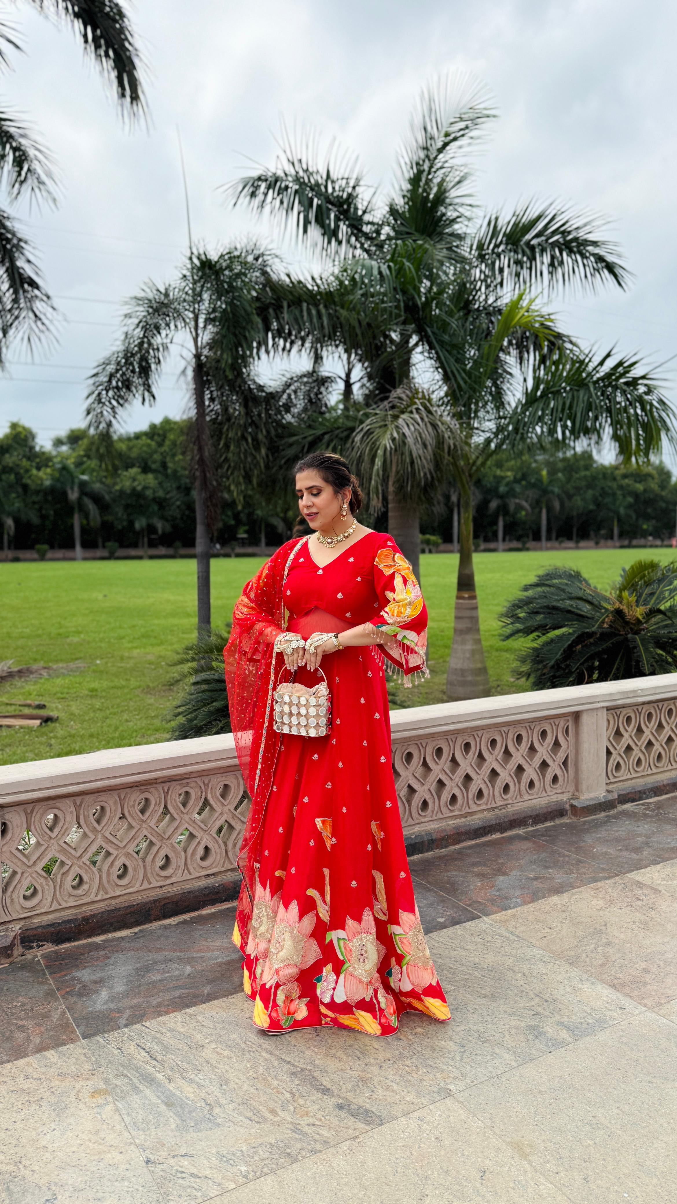 Red Art Work Anarkali