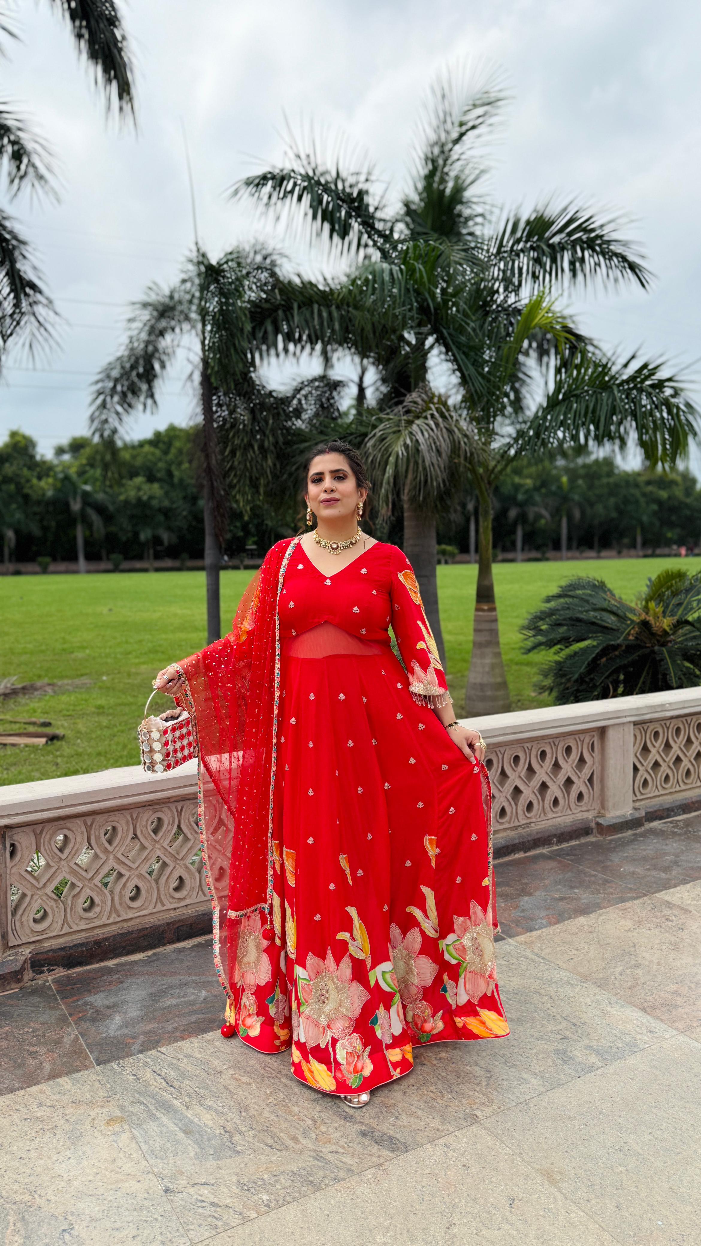 Red Art Work Anarkali