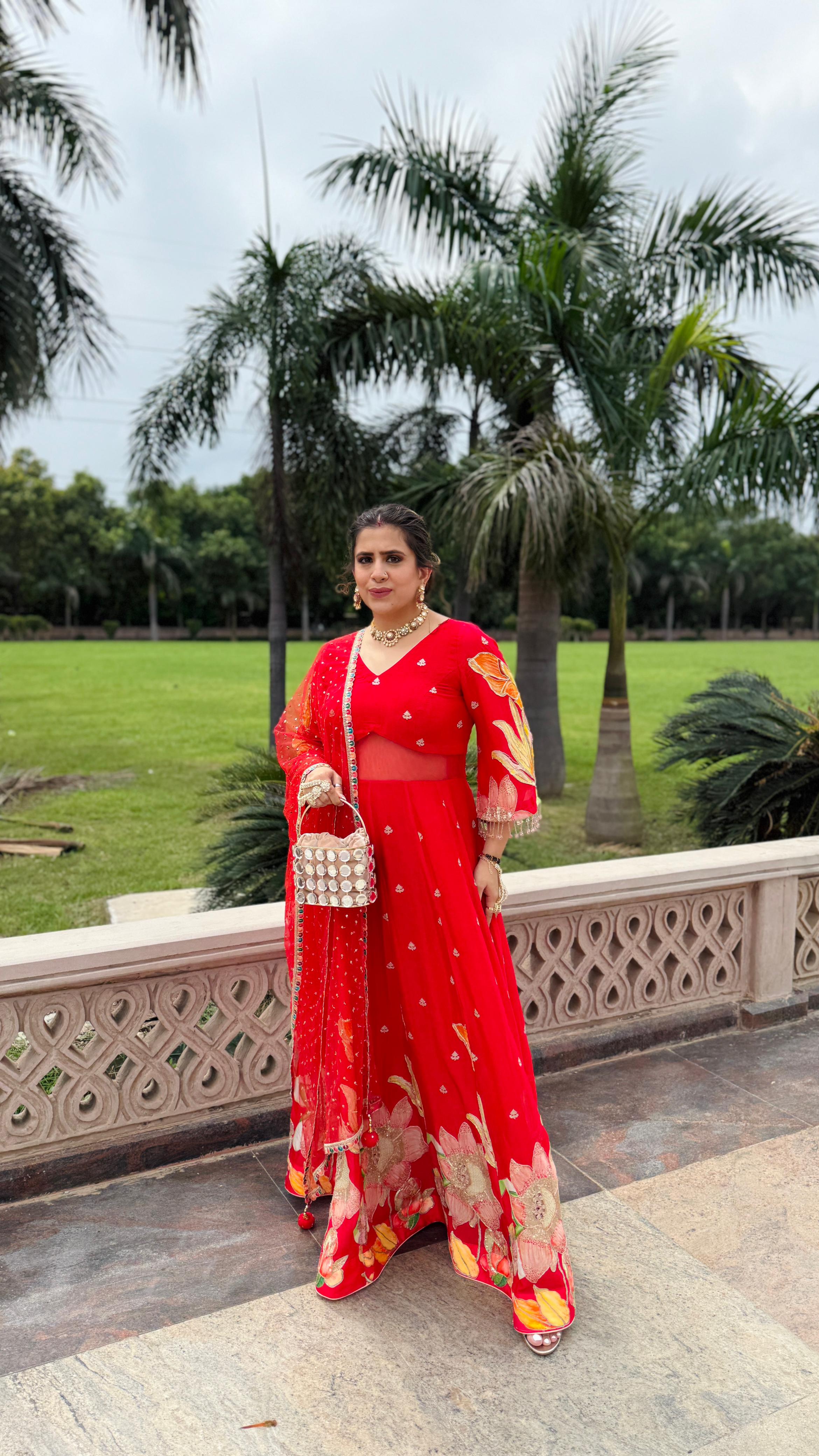 Red Art Work Anarkali