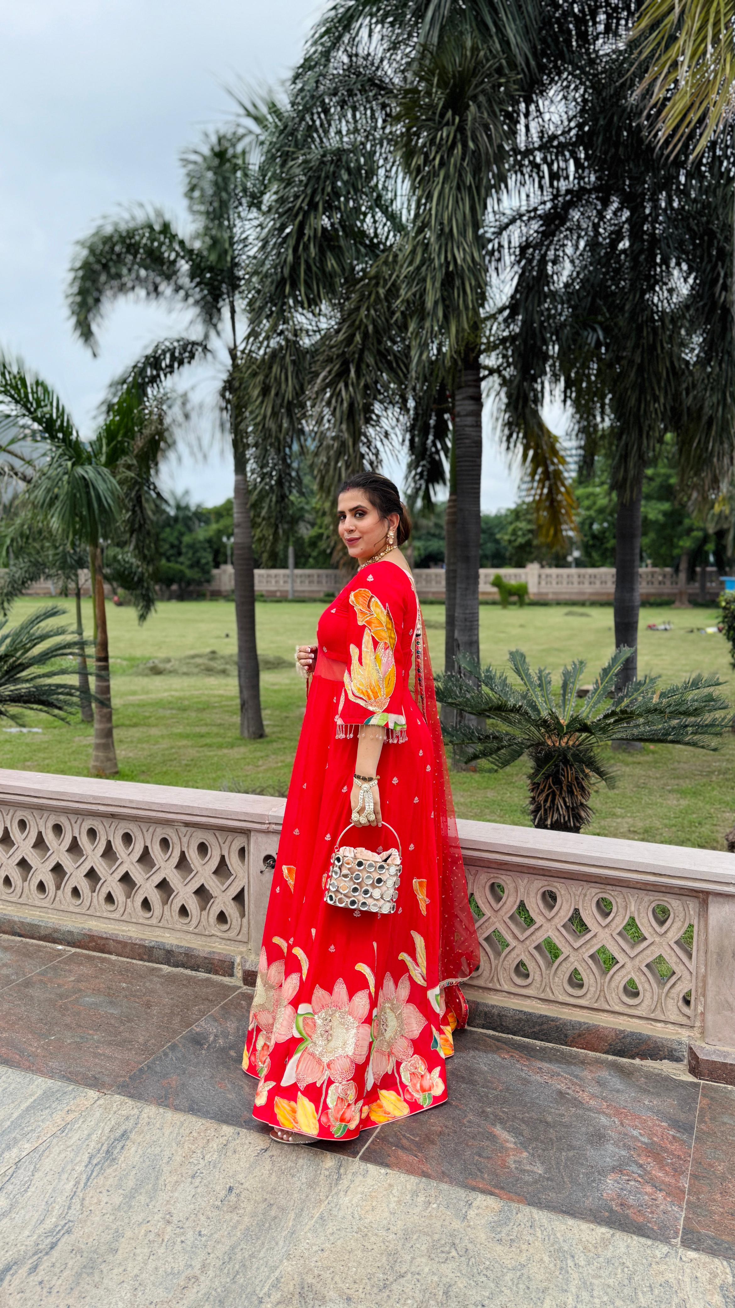 Red Art Work Anarkali