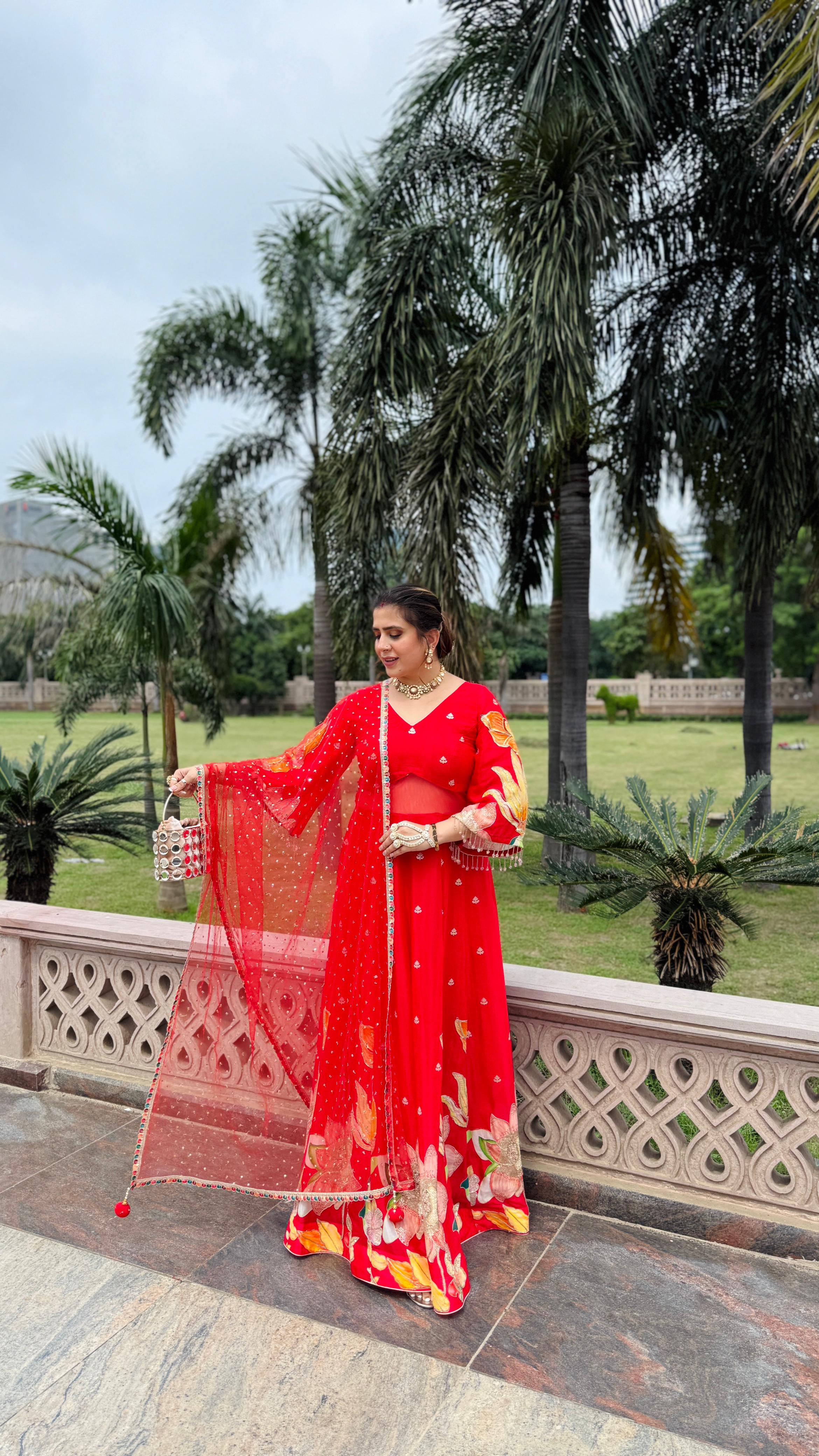 Red Art Work Anarkali