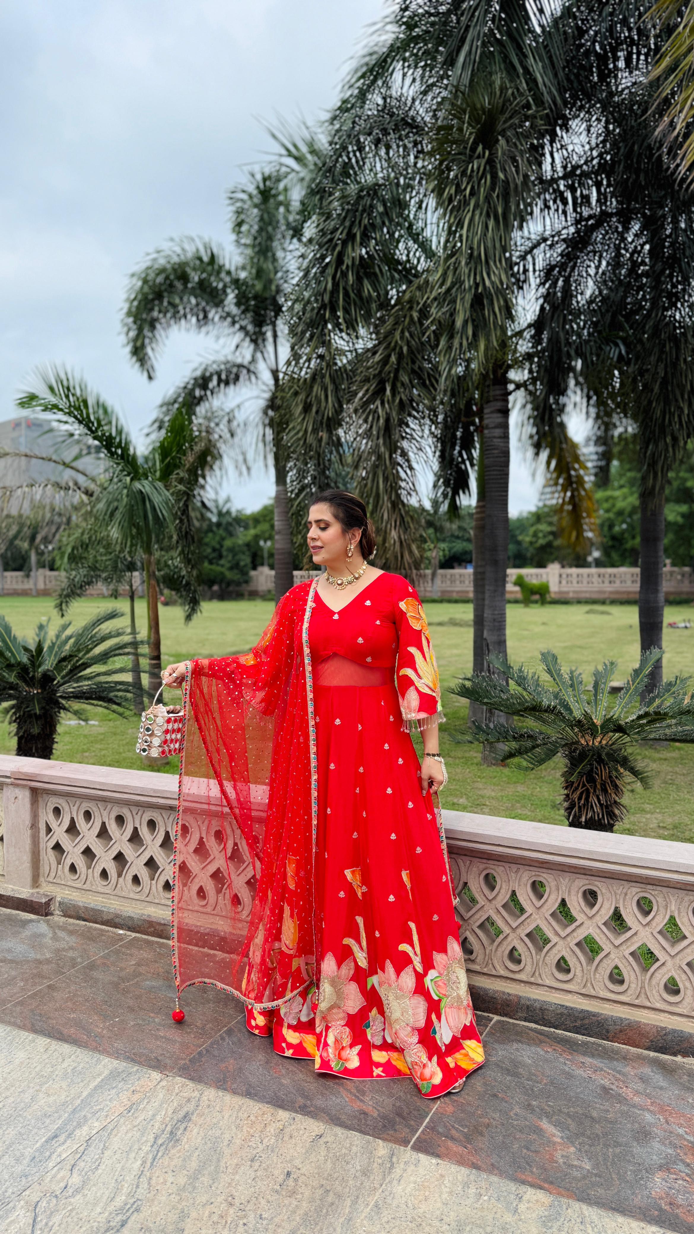 Red Art Work Anarkali