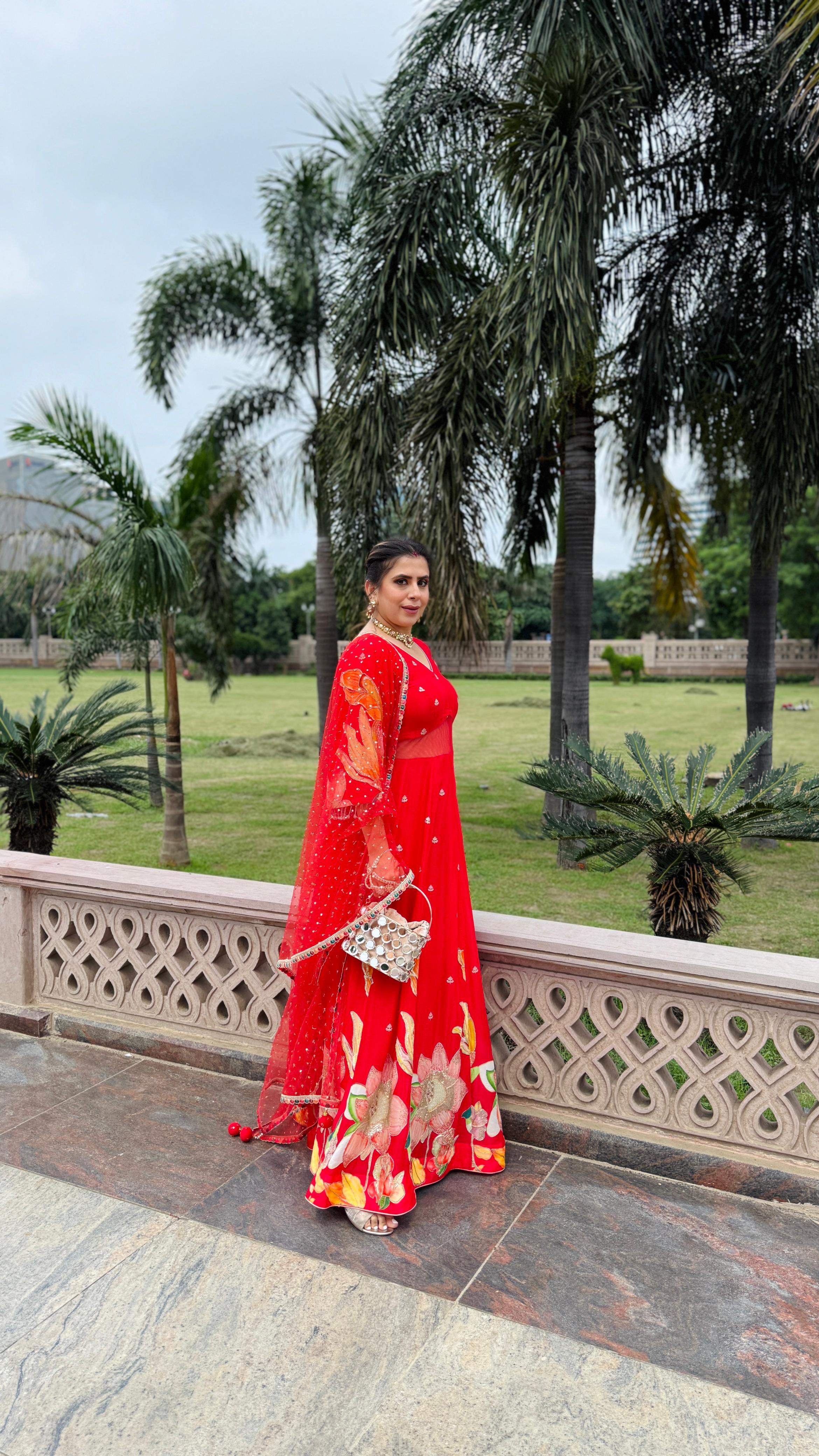 Red Art Work Anarkali