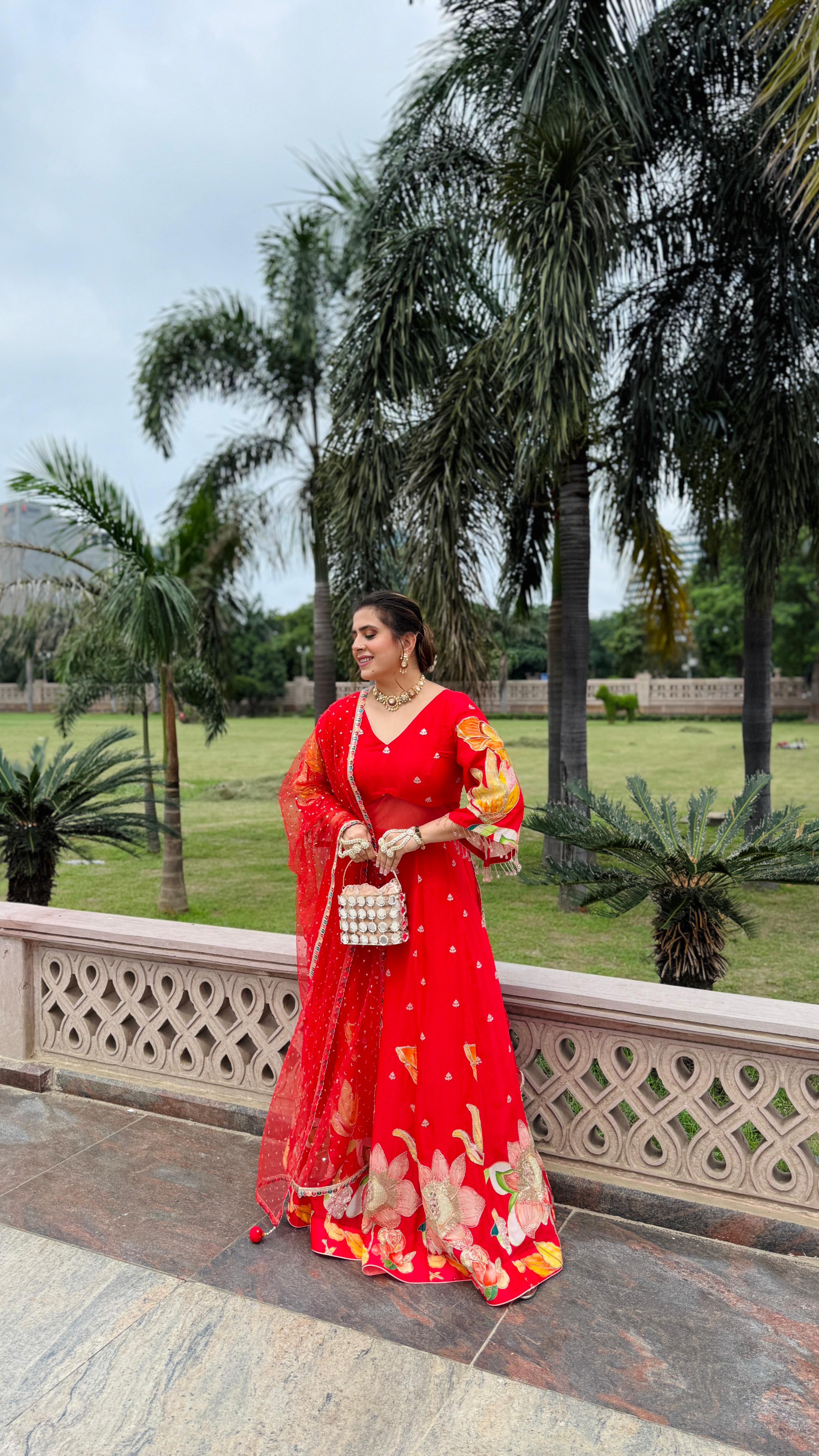 Red Art Work Anarkali