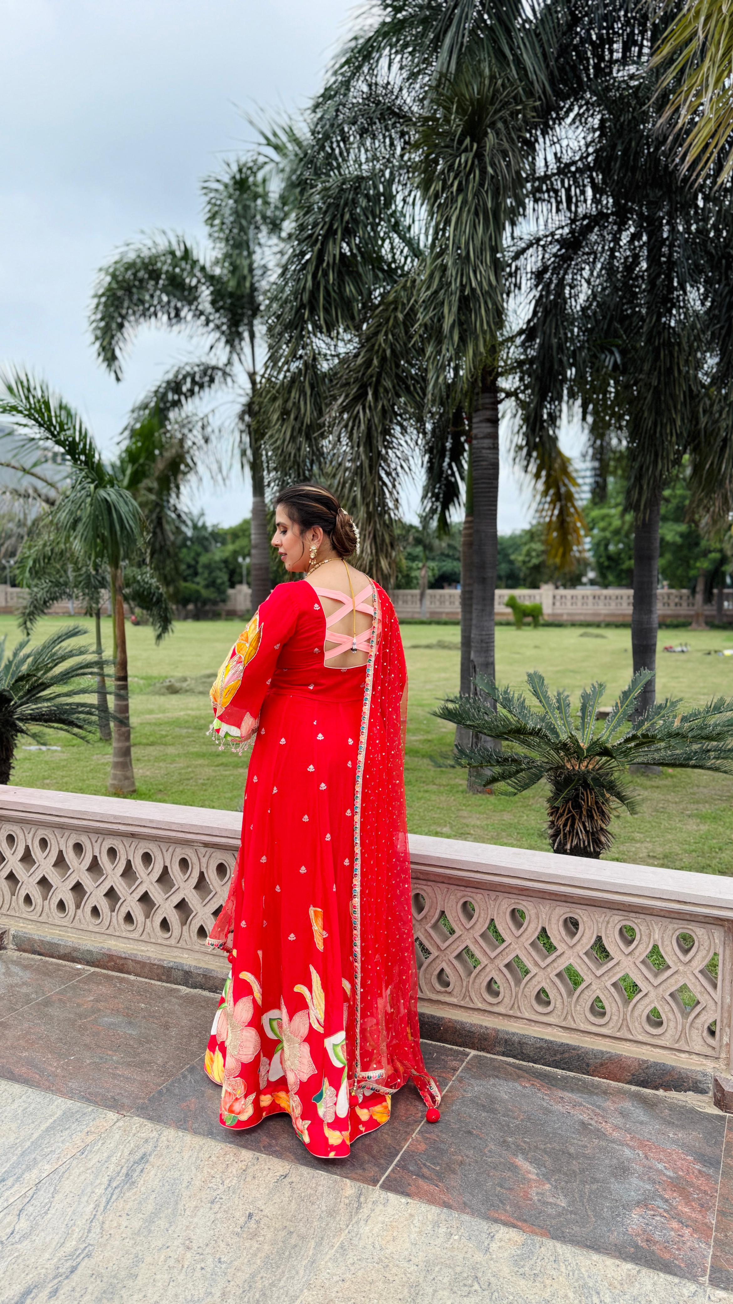 Red Art Work Anarkali