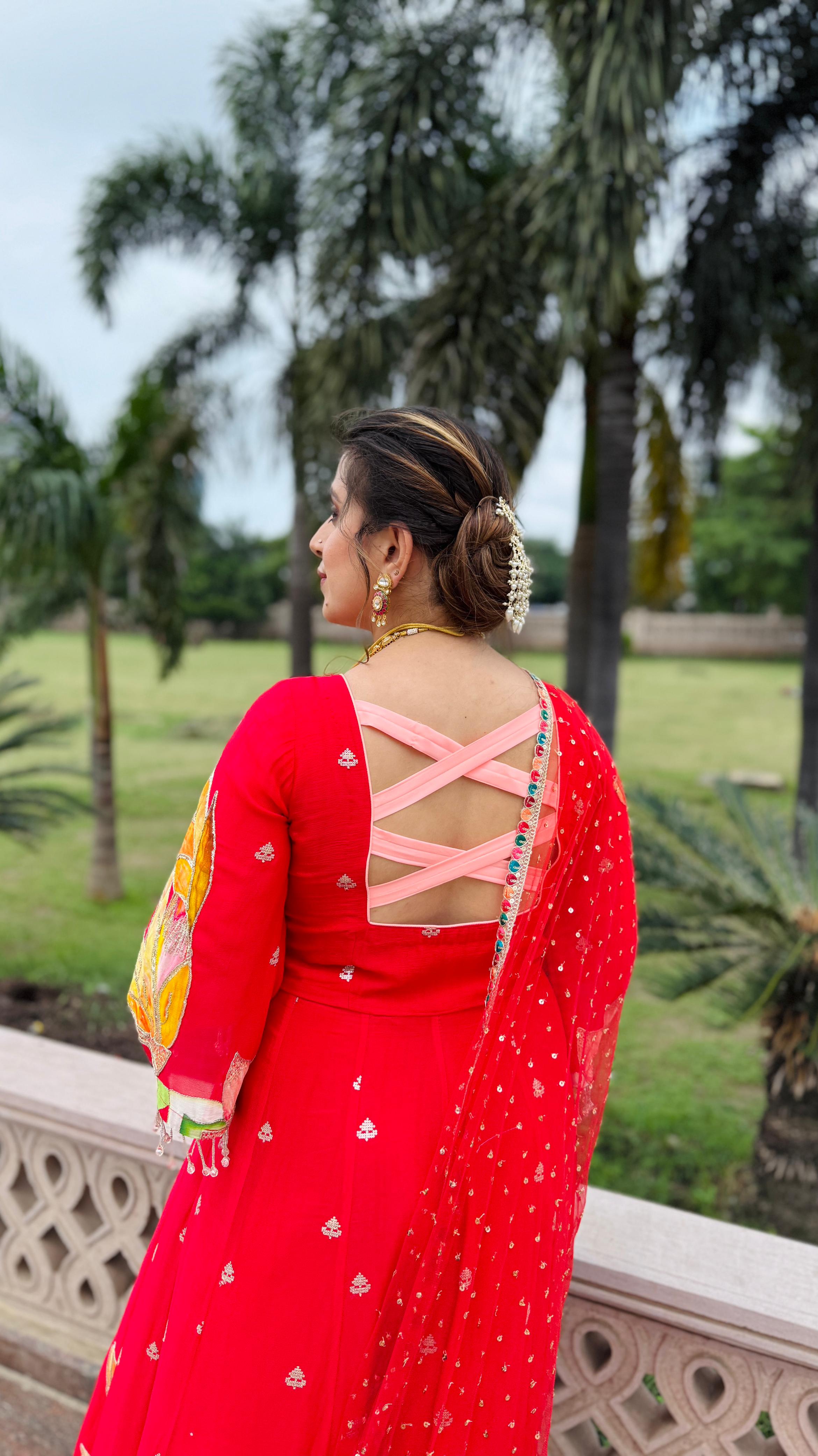 Red Art Work Anarkali