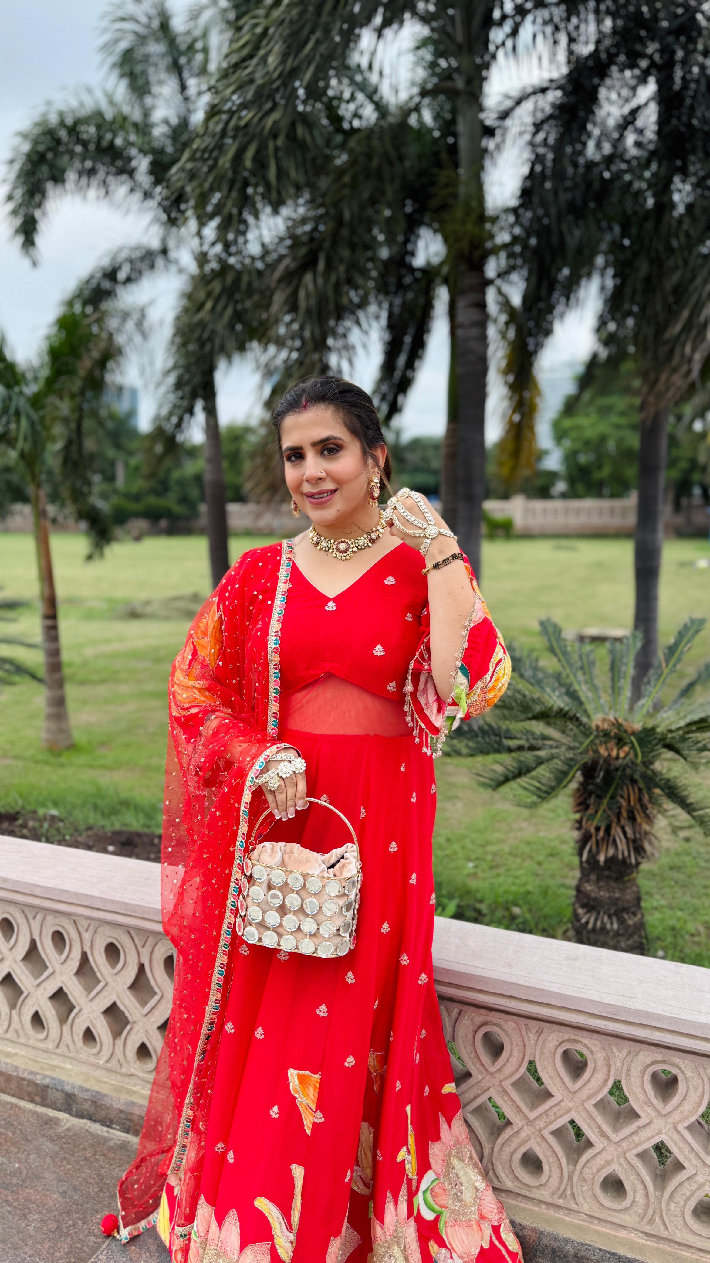 Red Art Work Anarkali