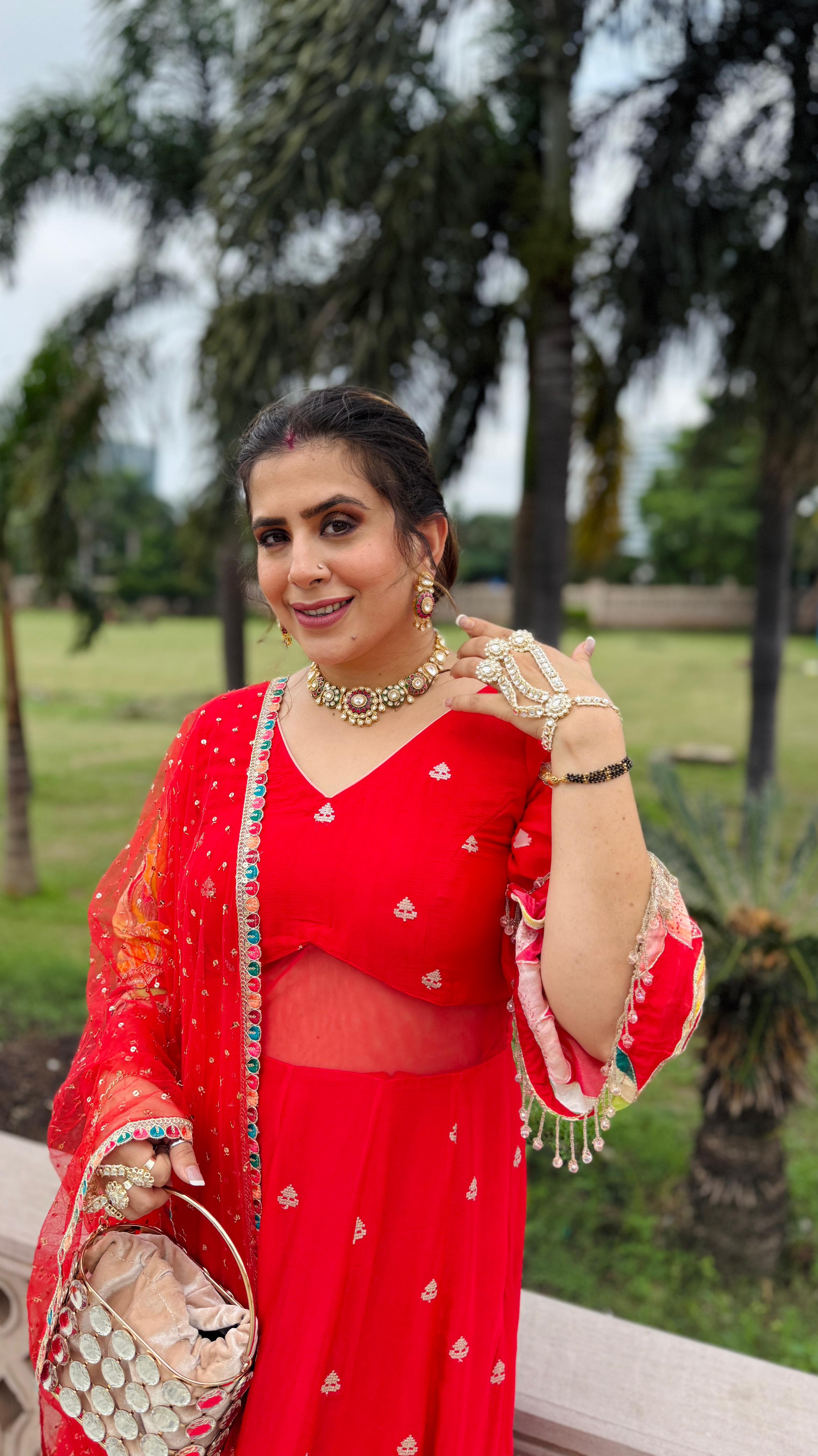 Red Art Work Anarkali