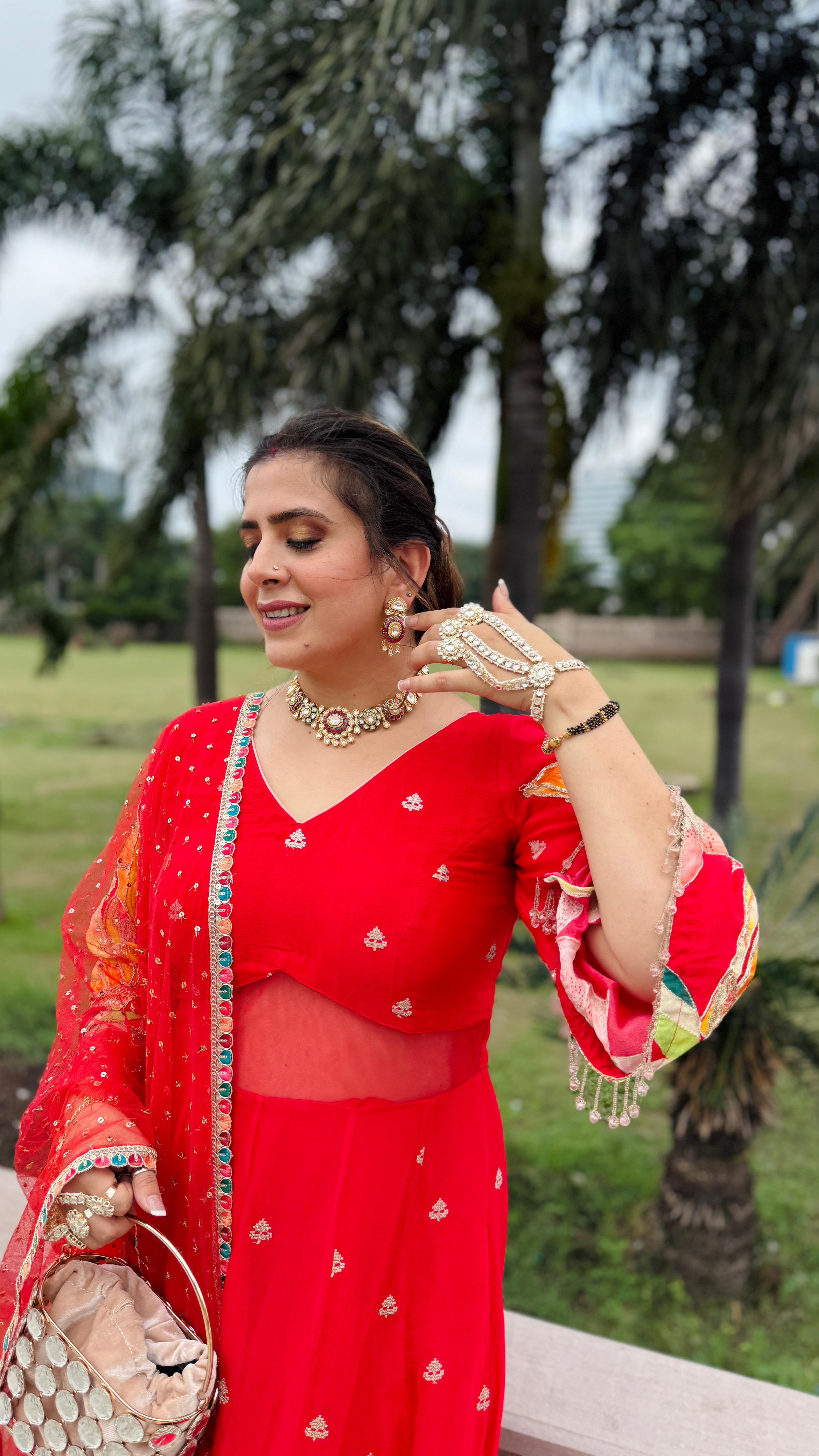 Red Art Work Anarkali