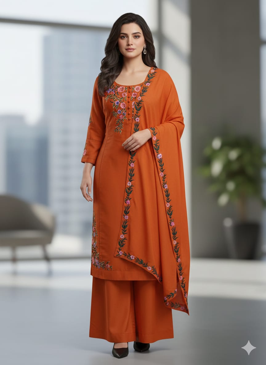 Orange Floral Embroidered Suit