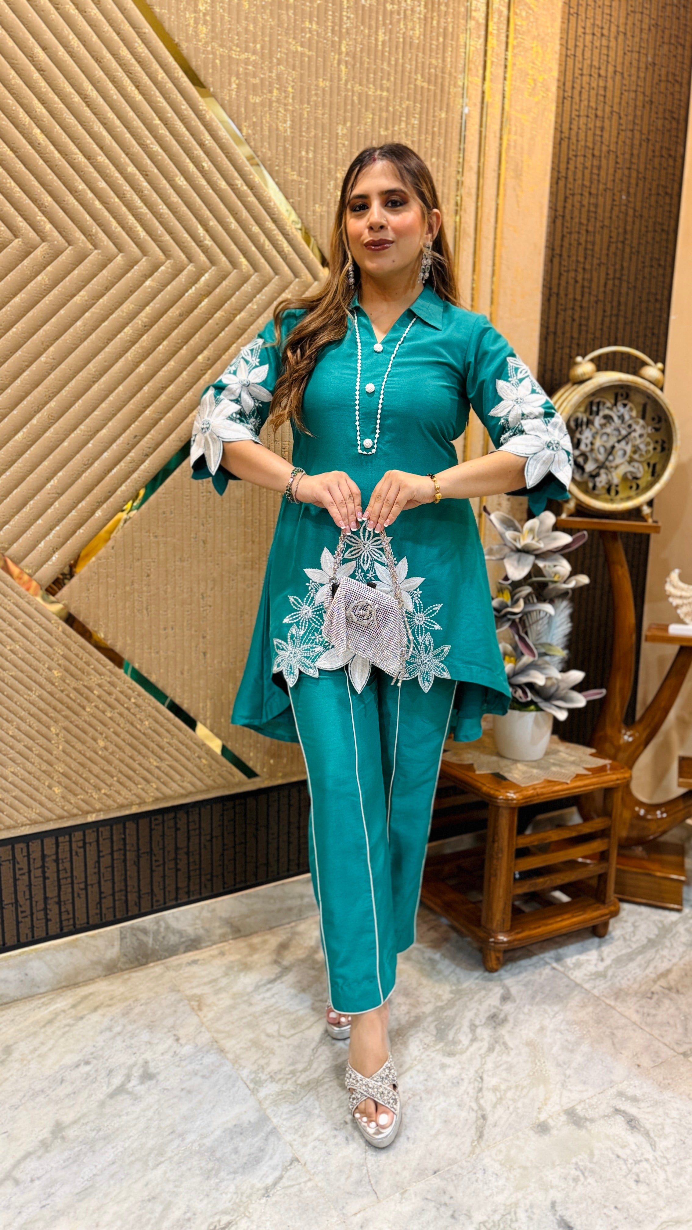 Teal Green Karvachauth Embroidered Co-Ord