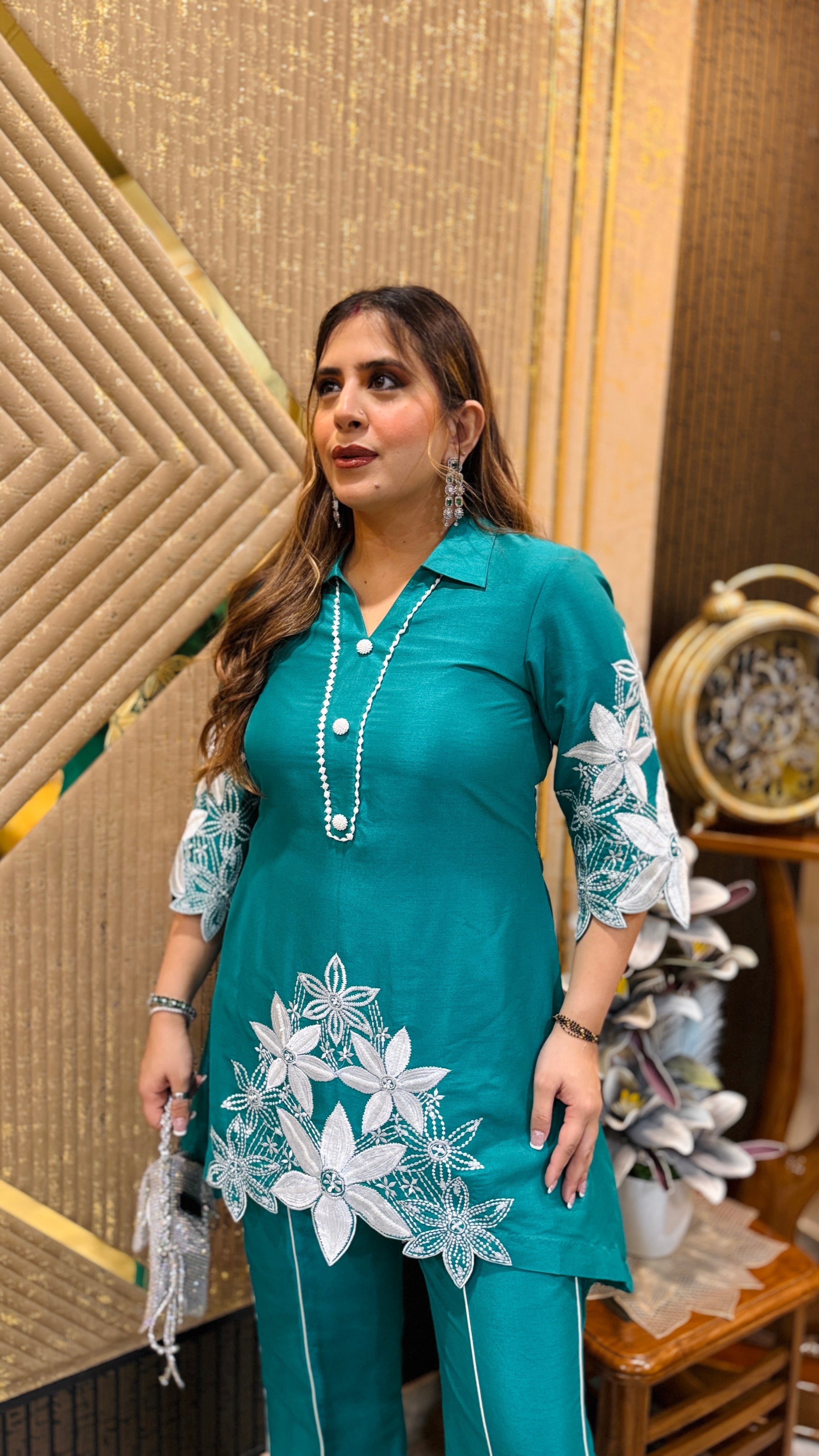 Teal Green Karvachauth Embroidered Co-Ord