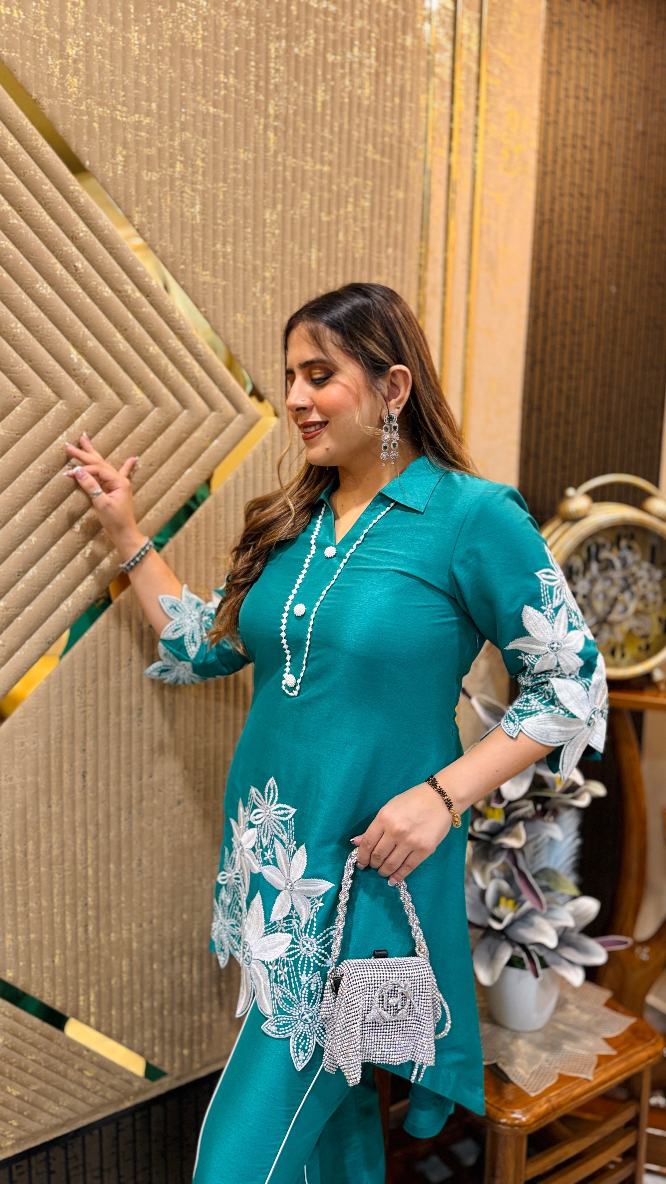 Teal Green Karvachauth Embroidered Co-Ord