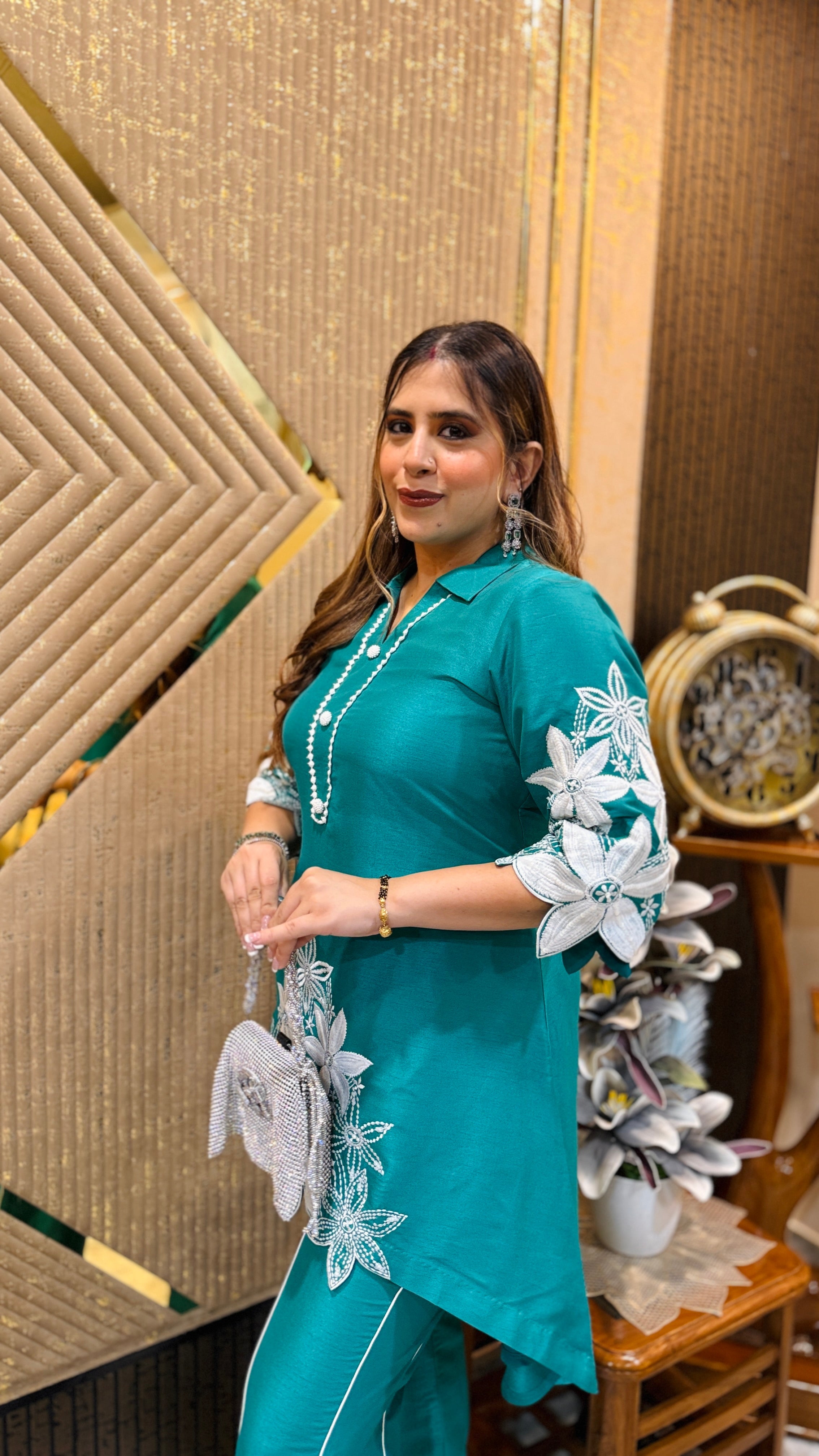Teal Green Karvachauth Embroidered Co-Ord
