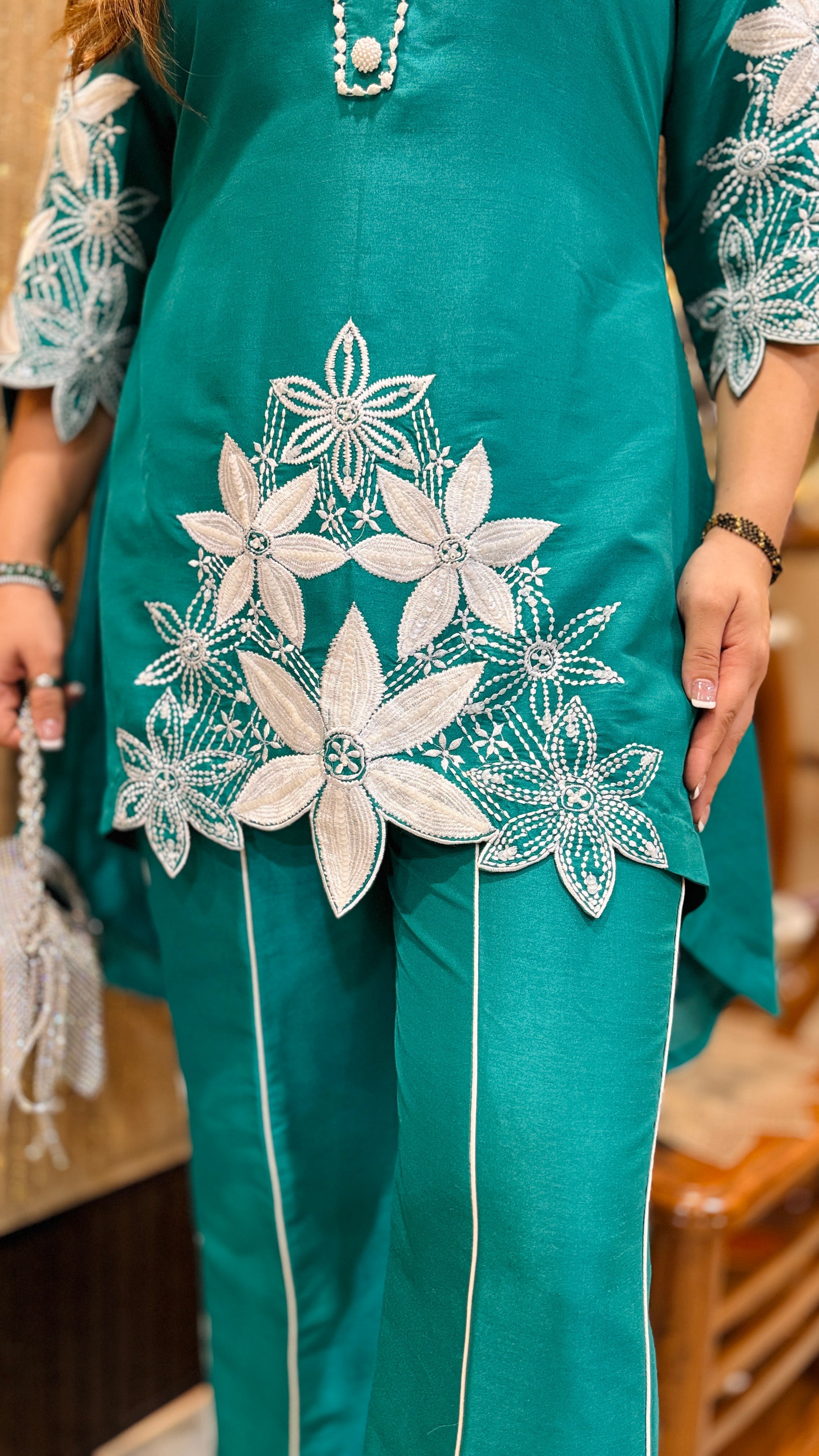 Teal Green Karvachauth Embroidered Co-Ord