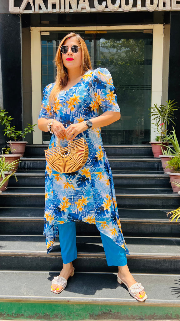 Blue Floral High Low Kurti With Pants