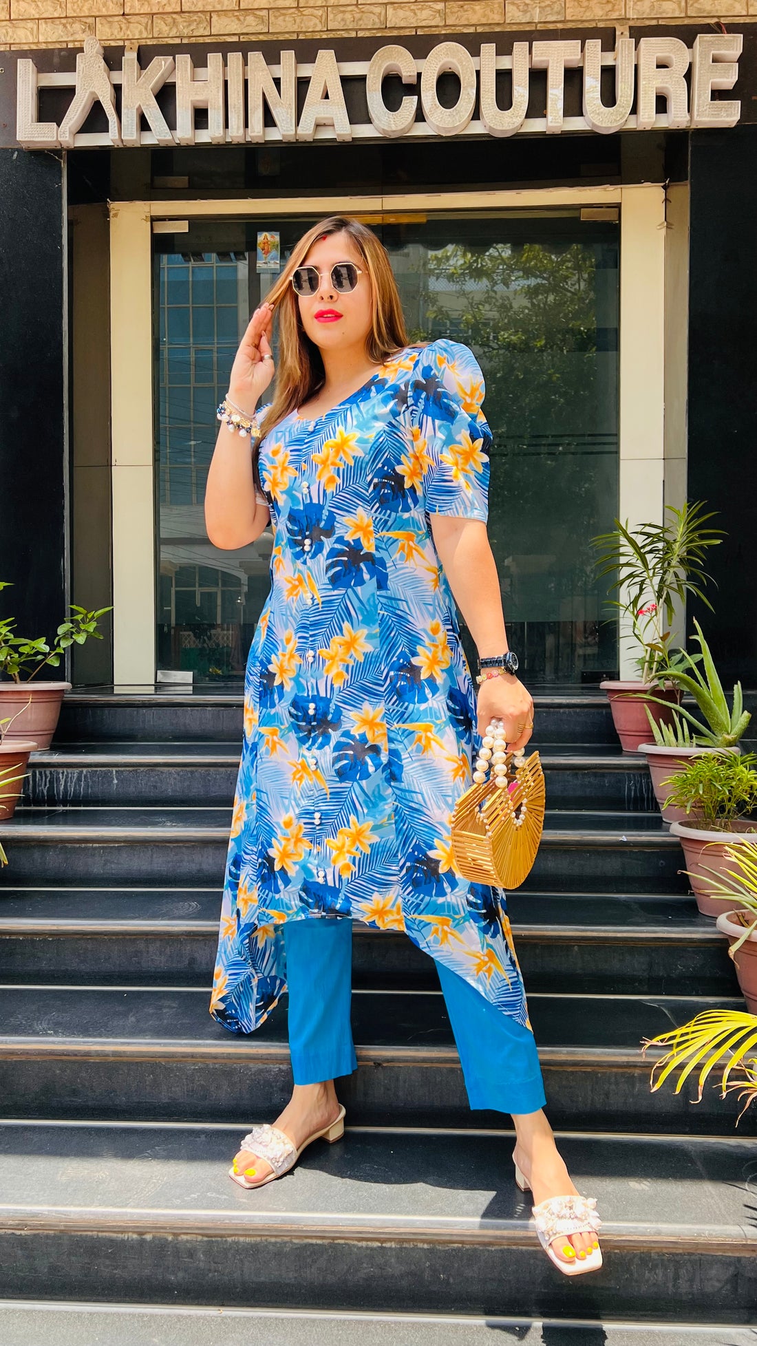 Blue Floral High Low Kurti With Pants