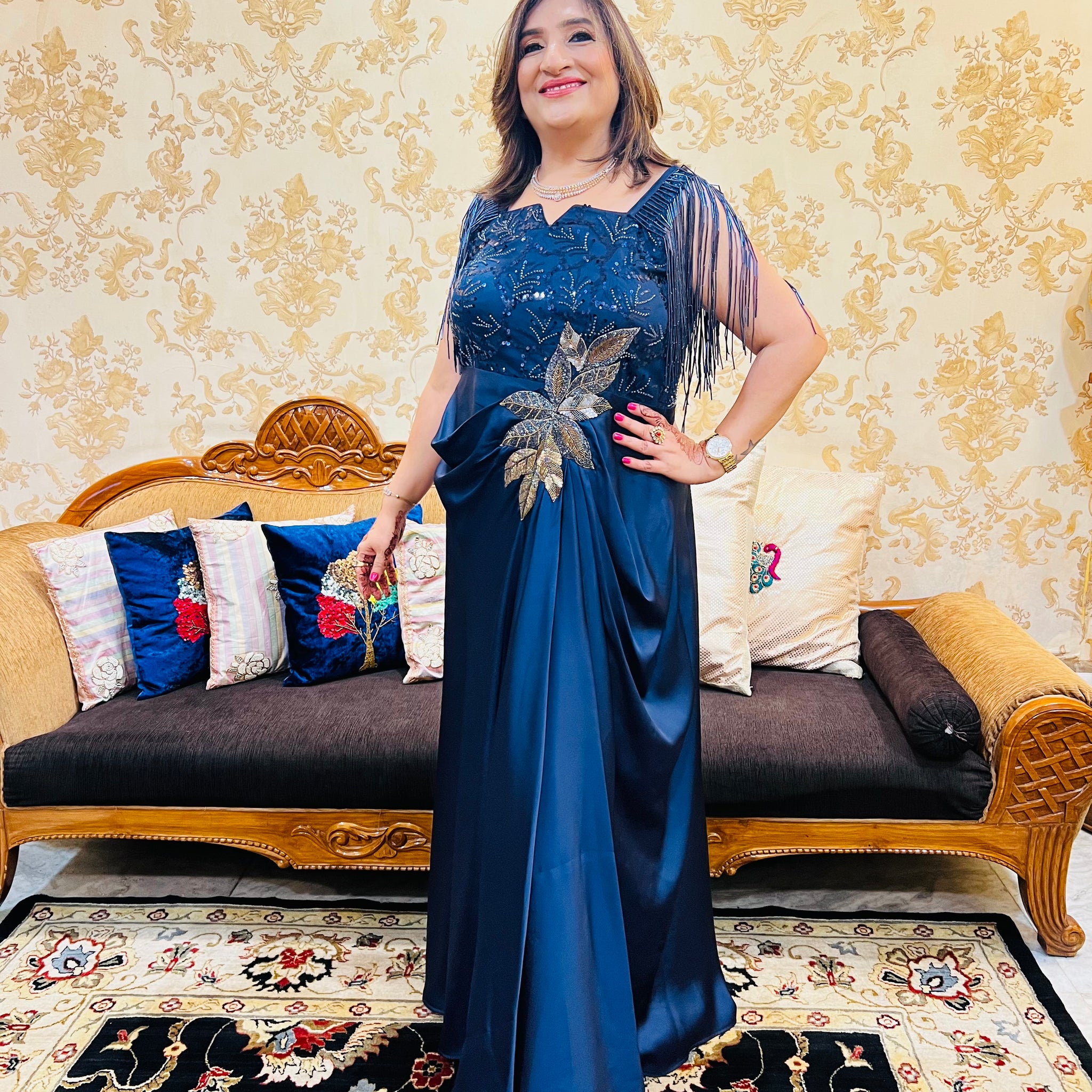 Navy Blue Embroidered Gown