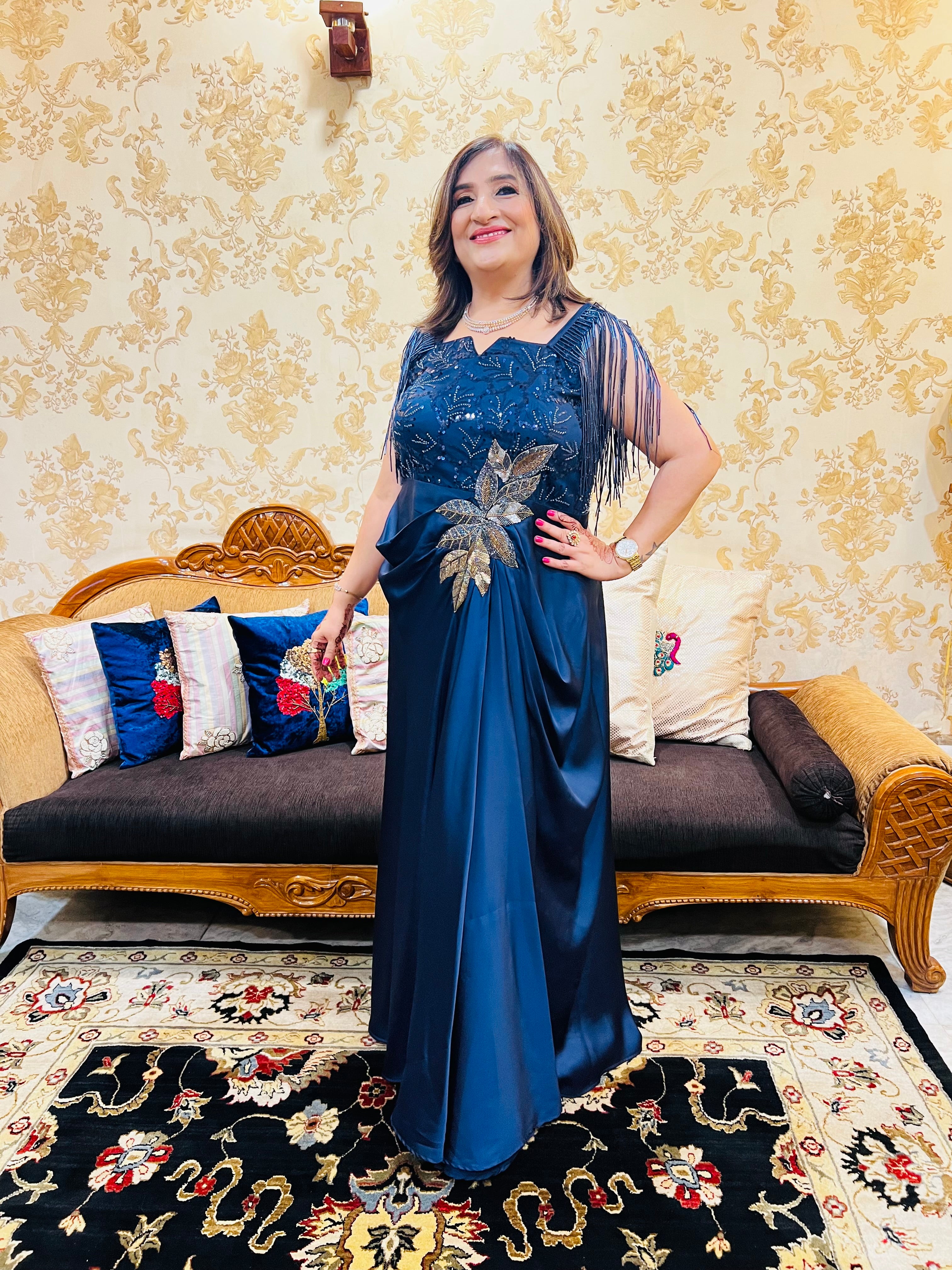 Navy Blue Embroidered Gown