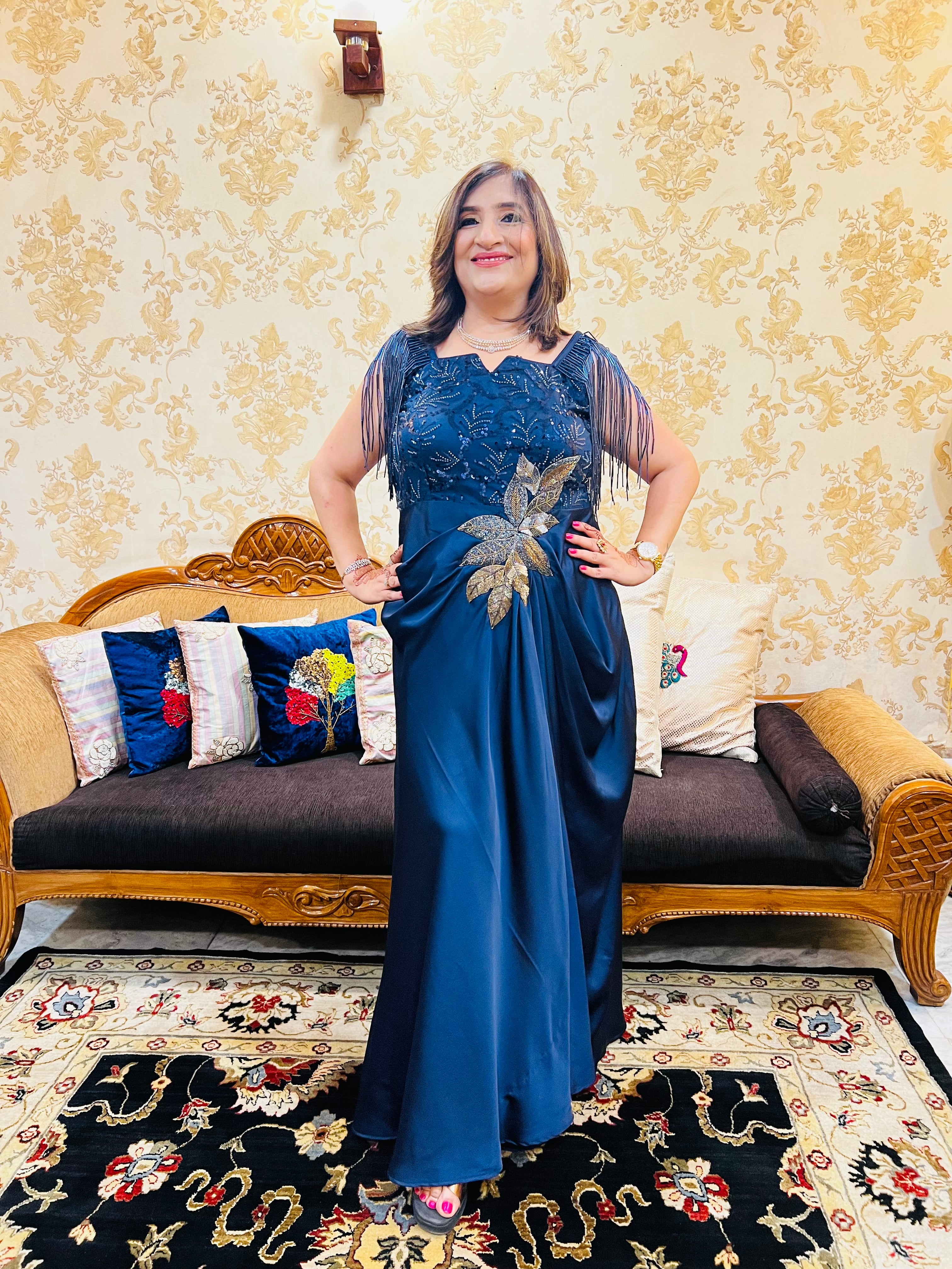 Navy Blue Embroidered Gown