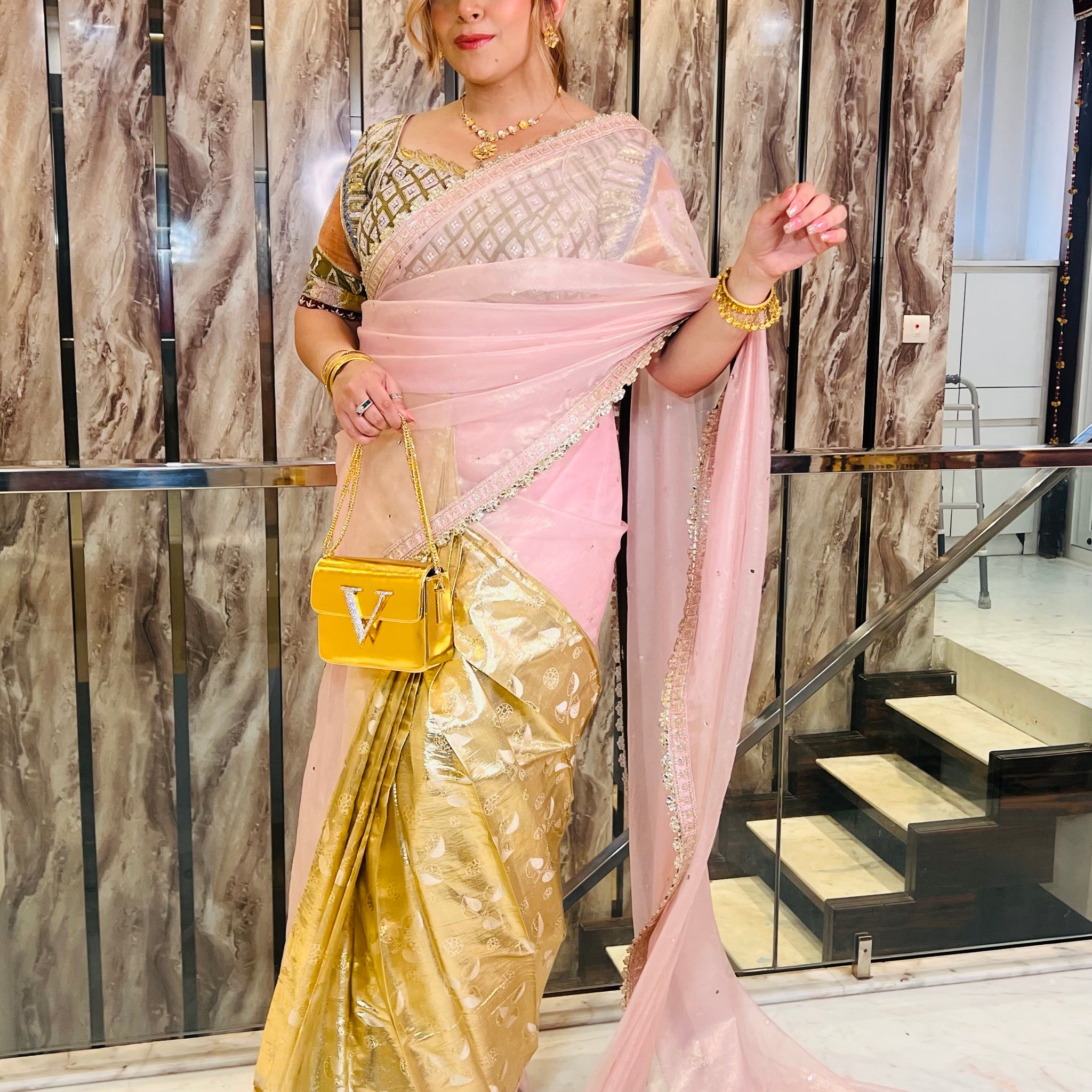 Baby Pink & Golden Saree