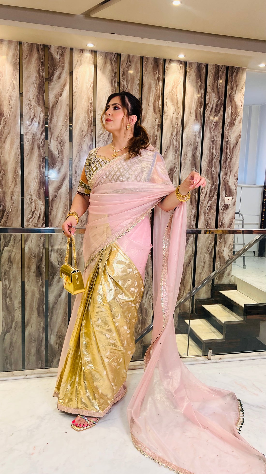 Baby Pink & Golden Saree