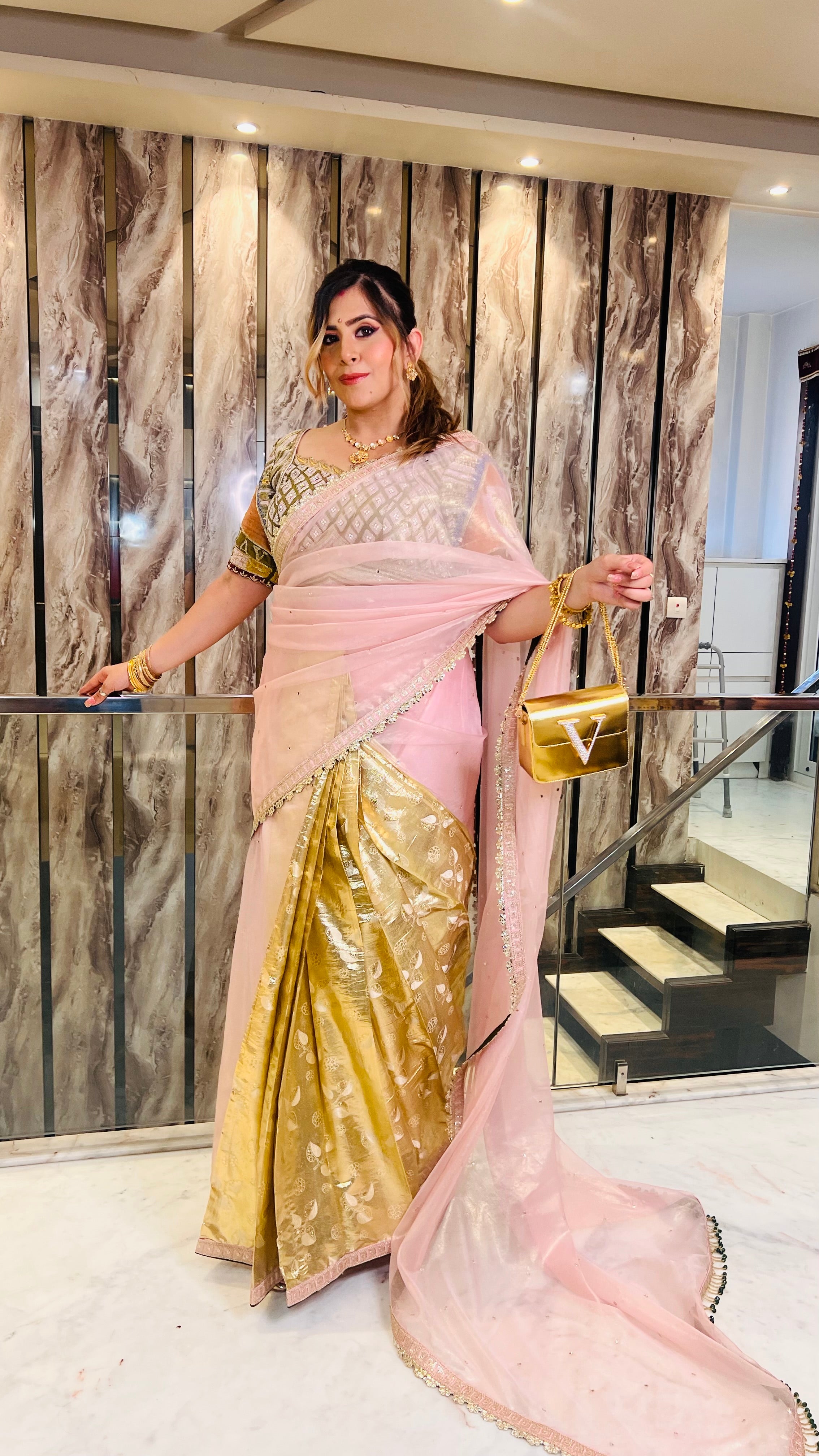 Baby Pink & Golden Saree