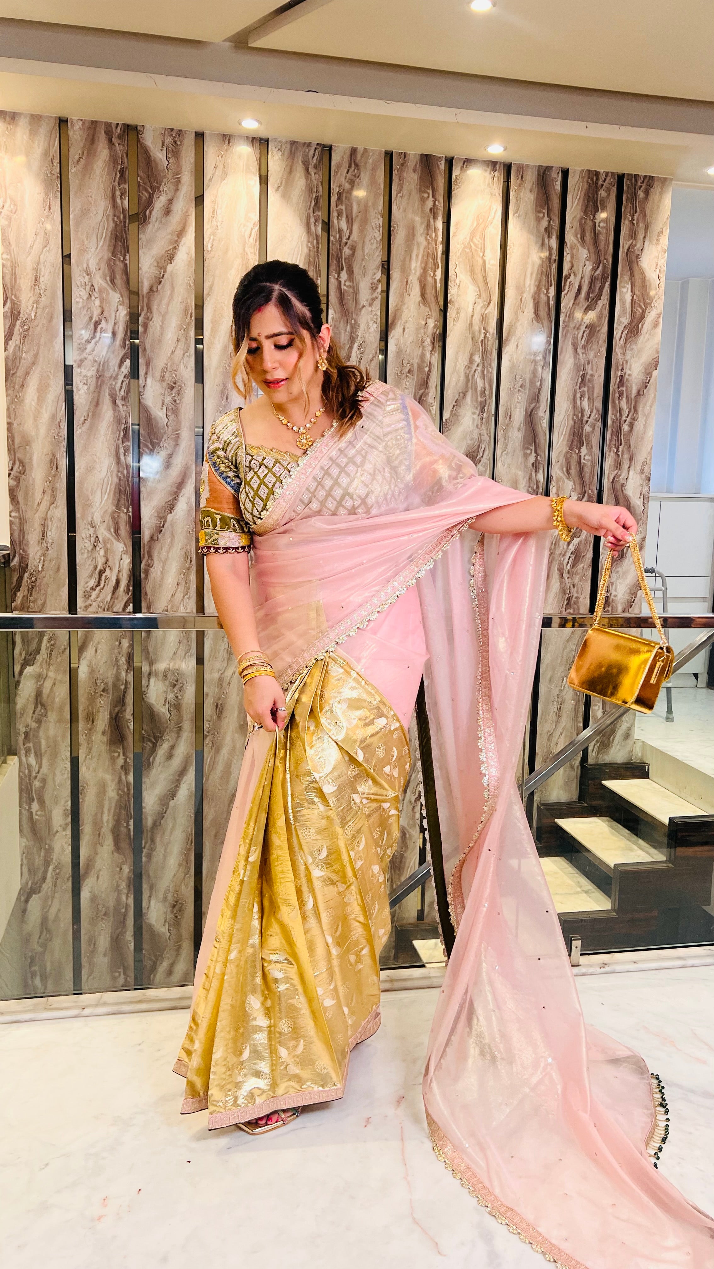 Baby Pink & Golden Saree