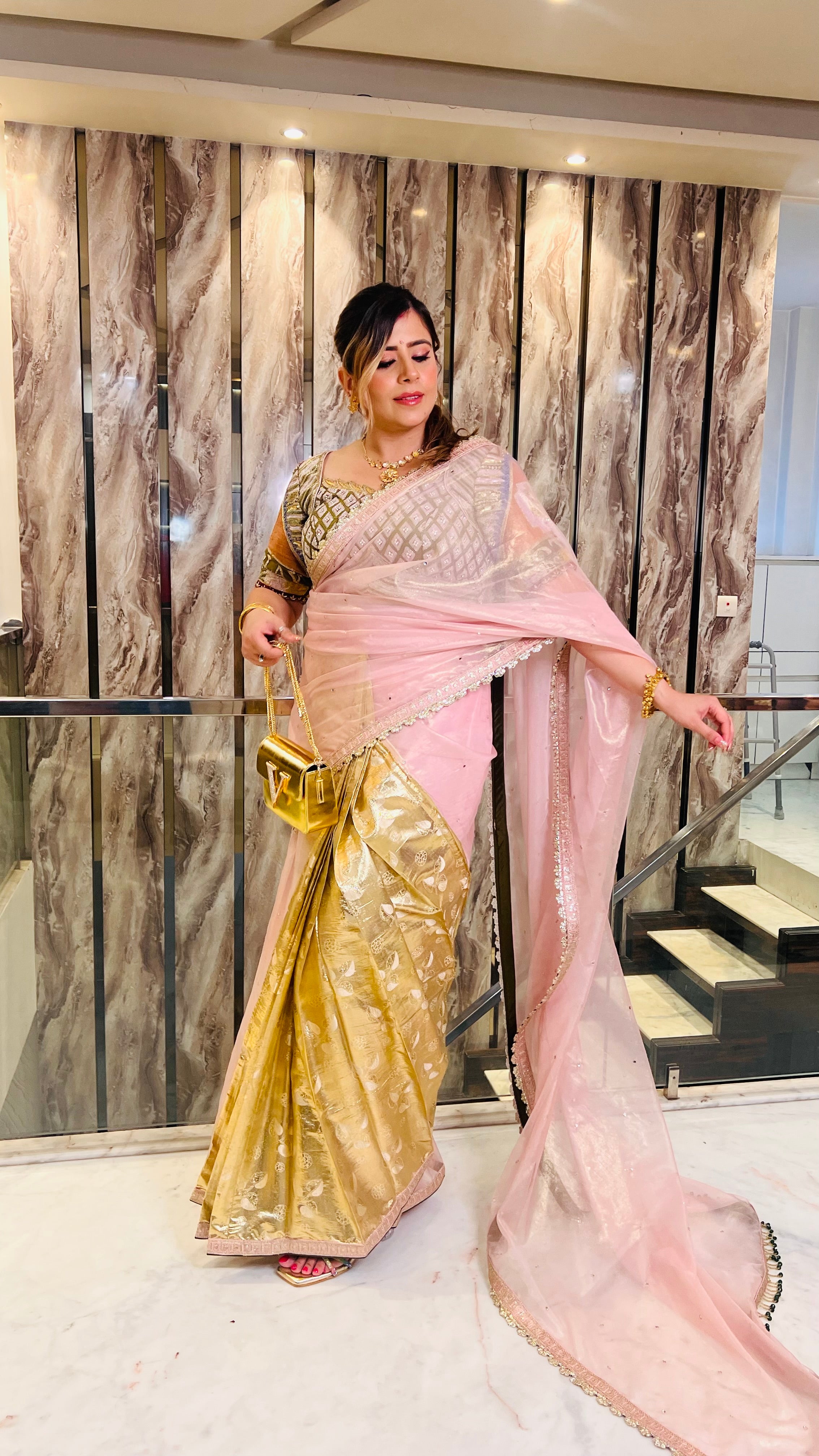 Baby Pink & Golden Saree