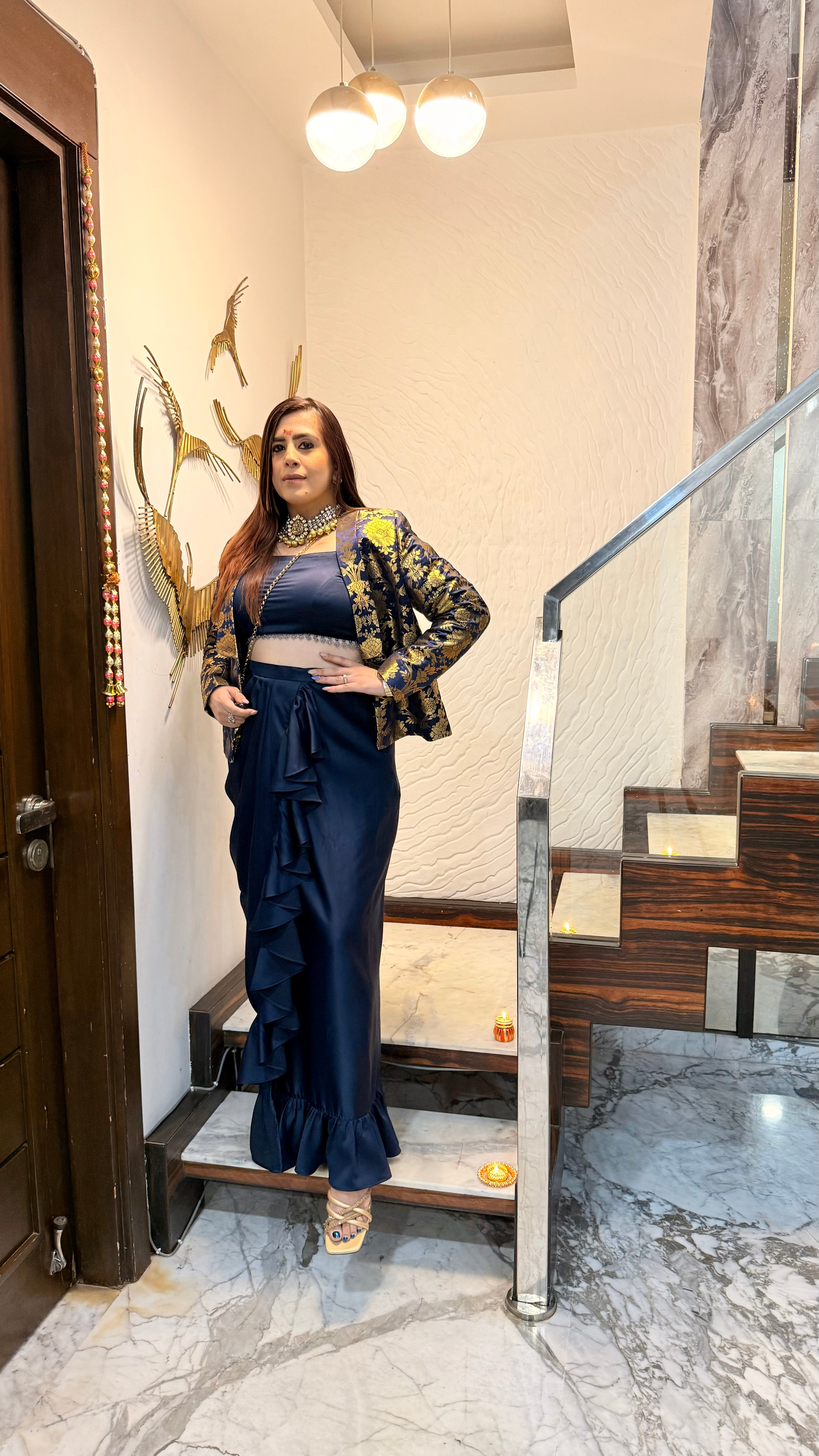 Navy Blue Banarasi Drape Skirt Set