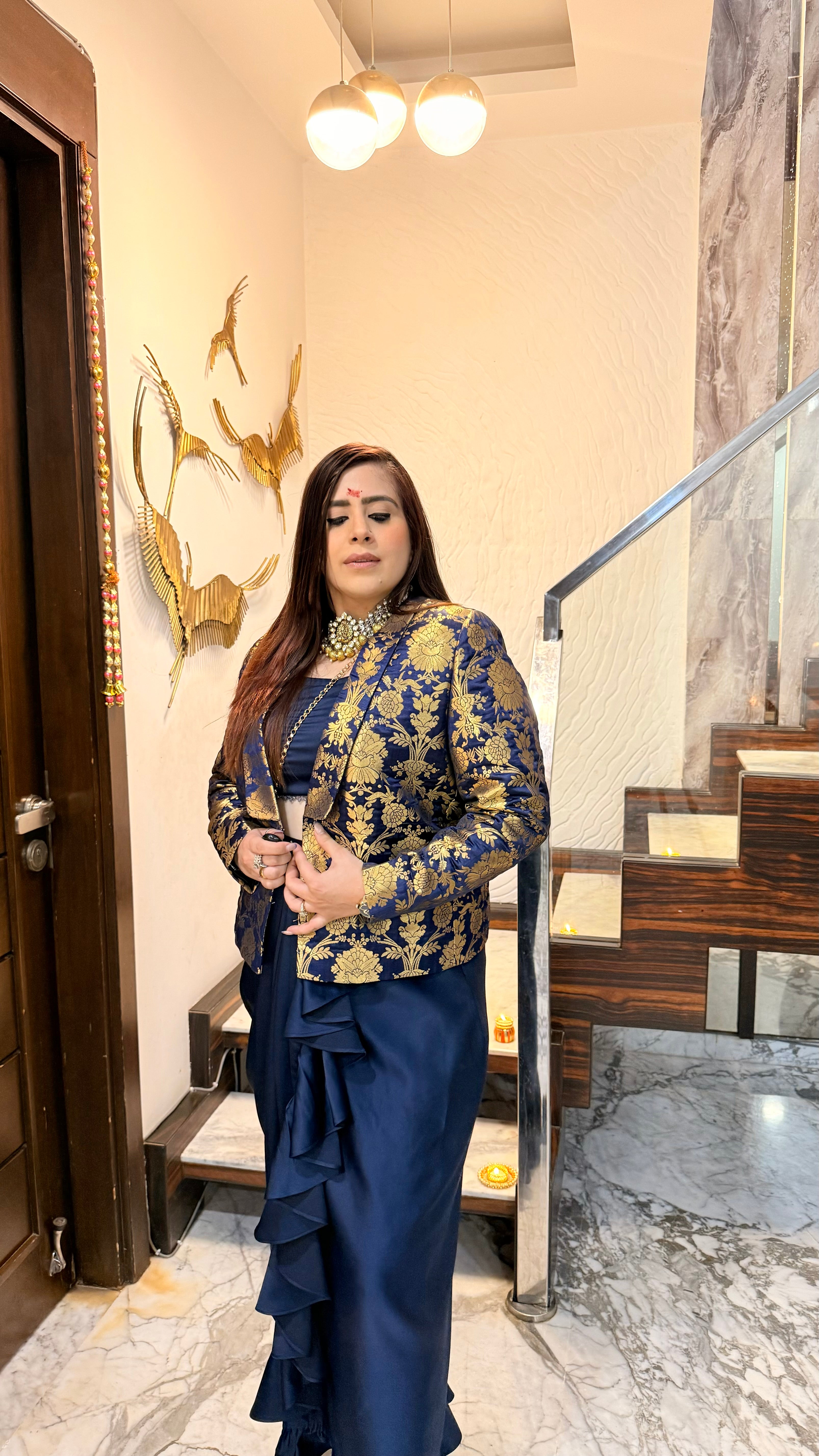 Navy Blue Banarasi Drape Skirt Set