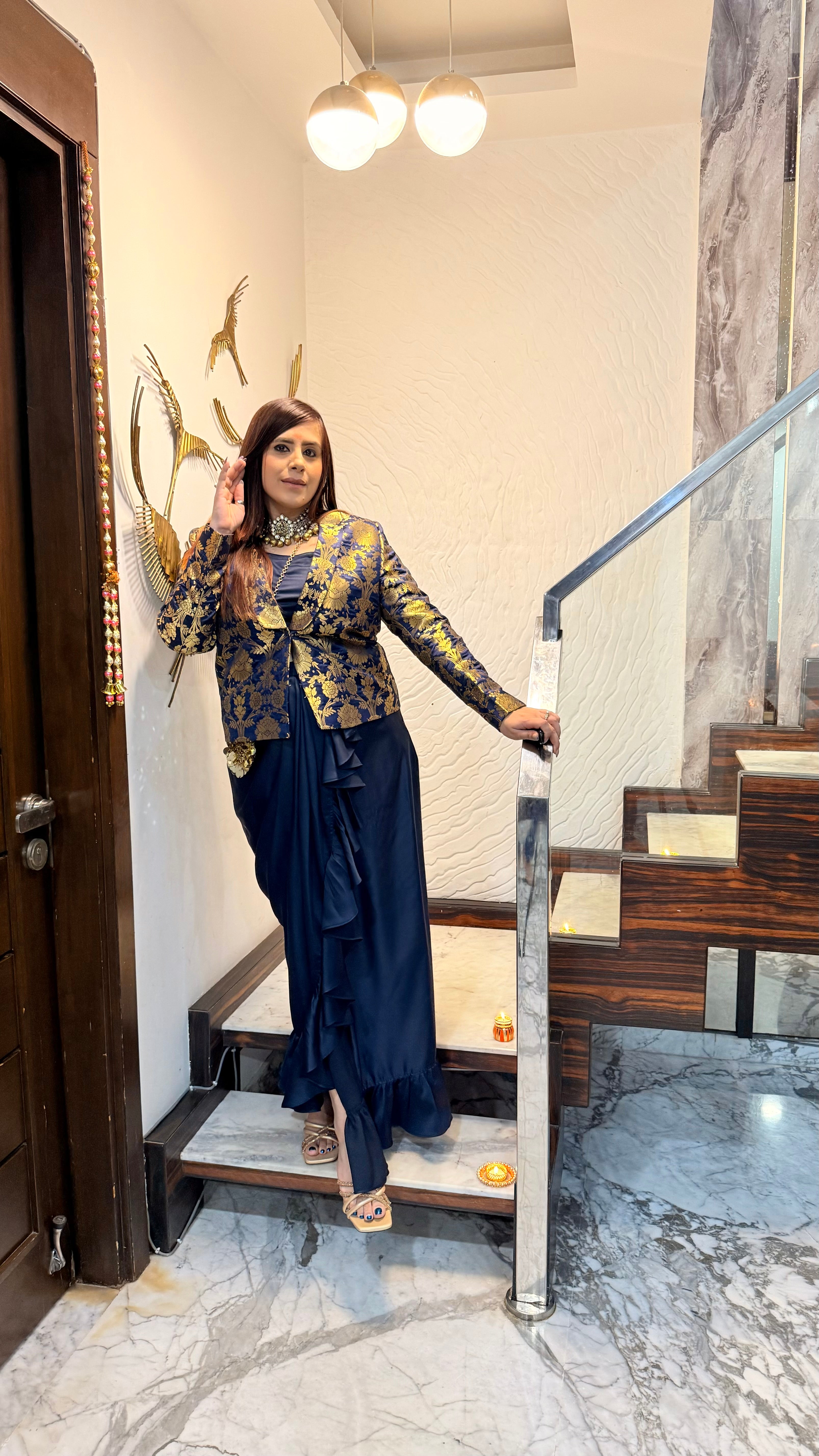 Navy Blue Banarasi Drape Skirt Set