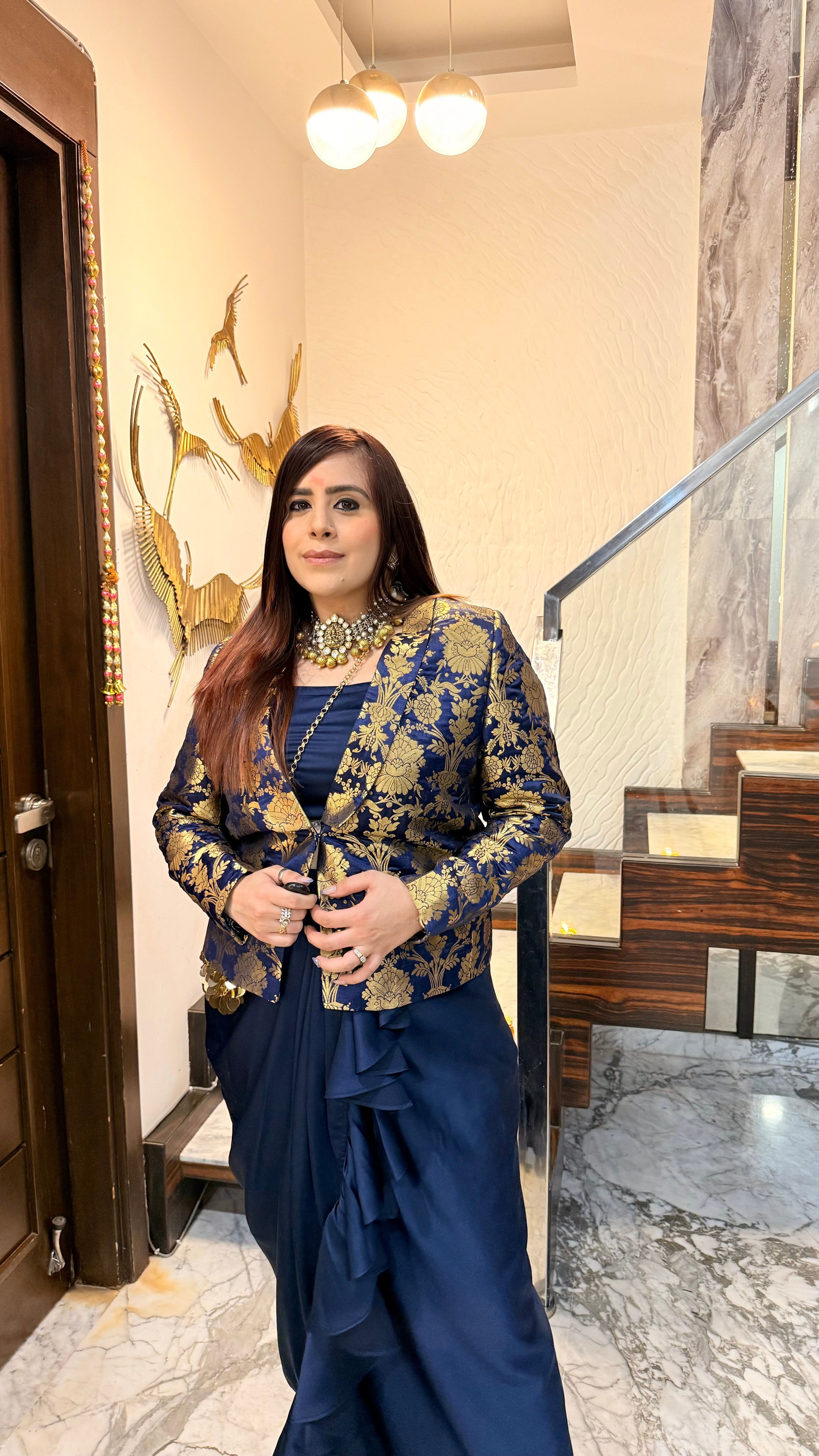 Navy Blue Banarasi Drape Skirt Set