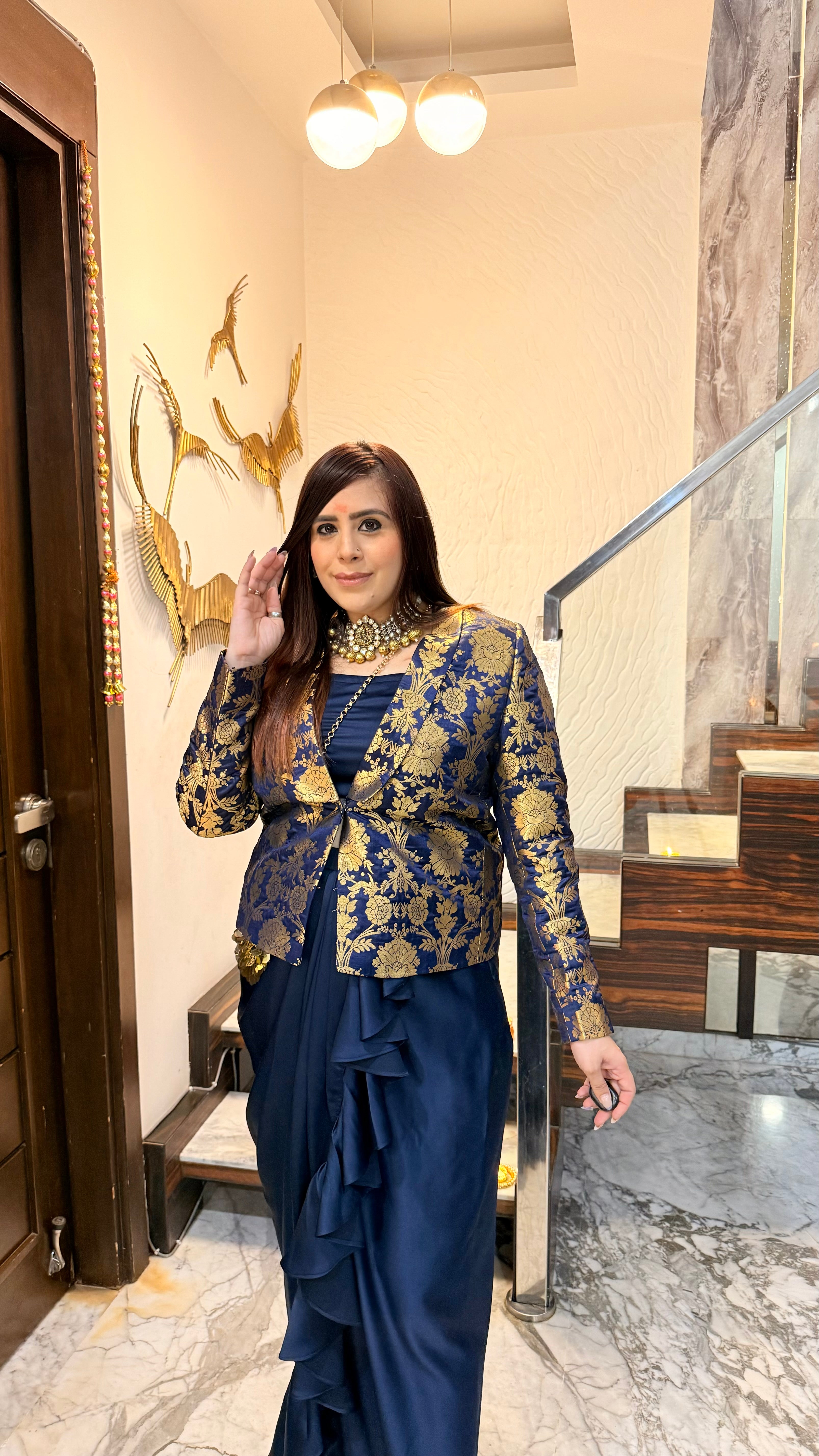 Navy Blue Banarasi Drape Skirt Set