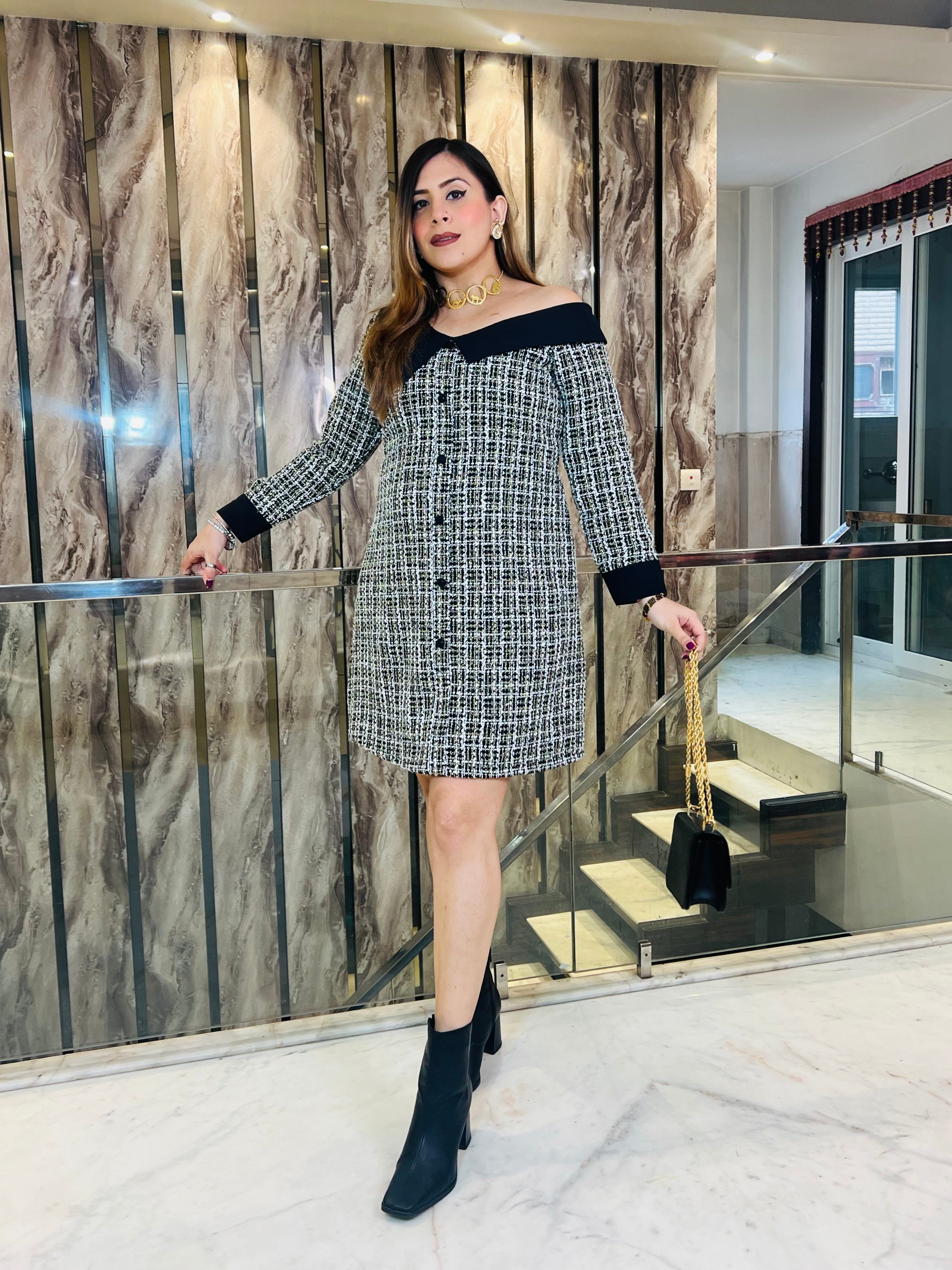 Black-Golden Tweed Dress