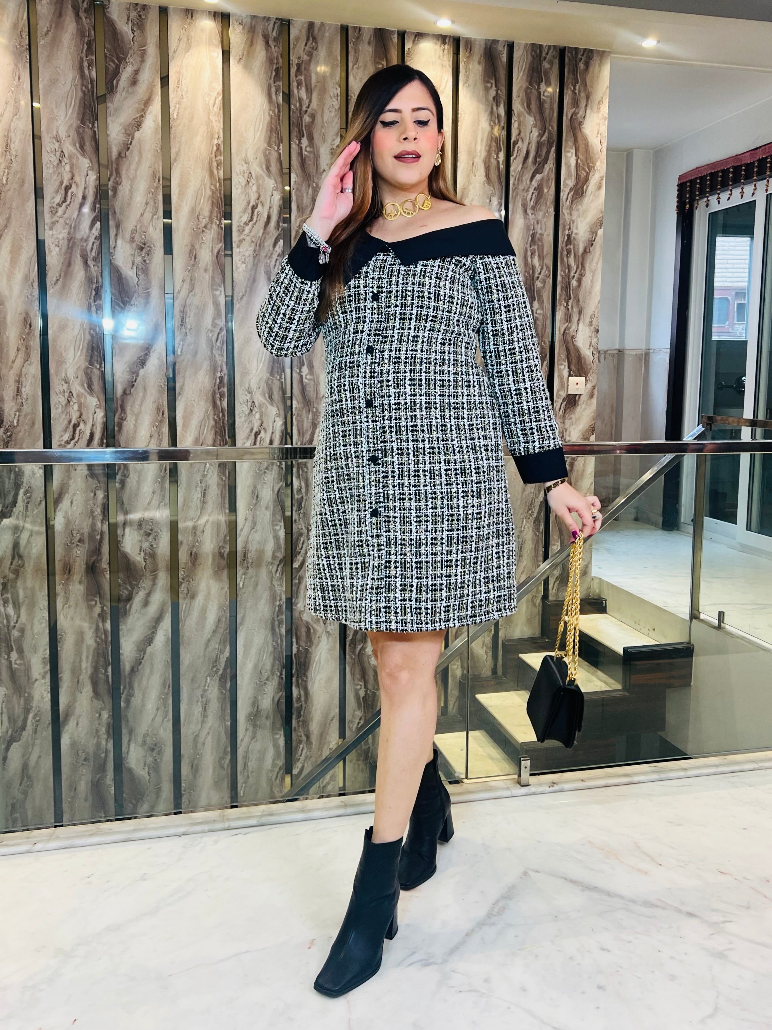 Black-Golden Tweed Dress